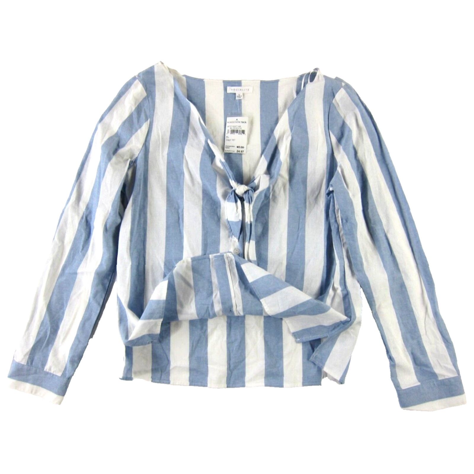 Vintage VINTAGE NWT Socialite Blouse 100% Cotton White Blue Stripe V-Neck Button Long Sleeve XL Size XL / US 12-14 / IT 48-50 - 4 Thumbnail