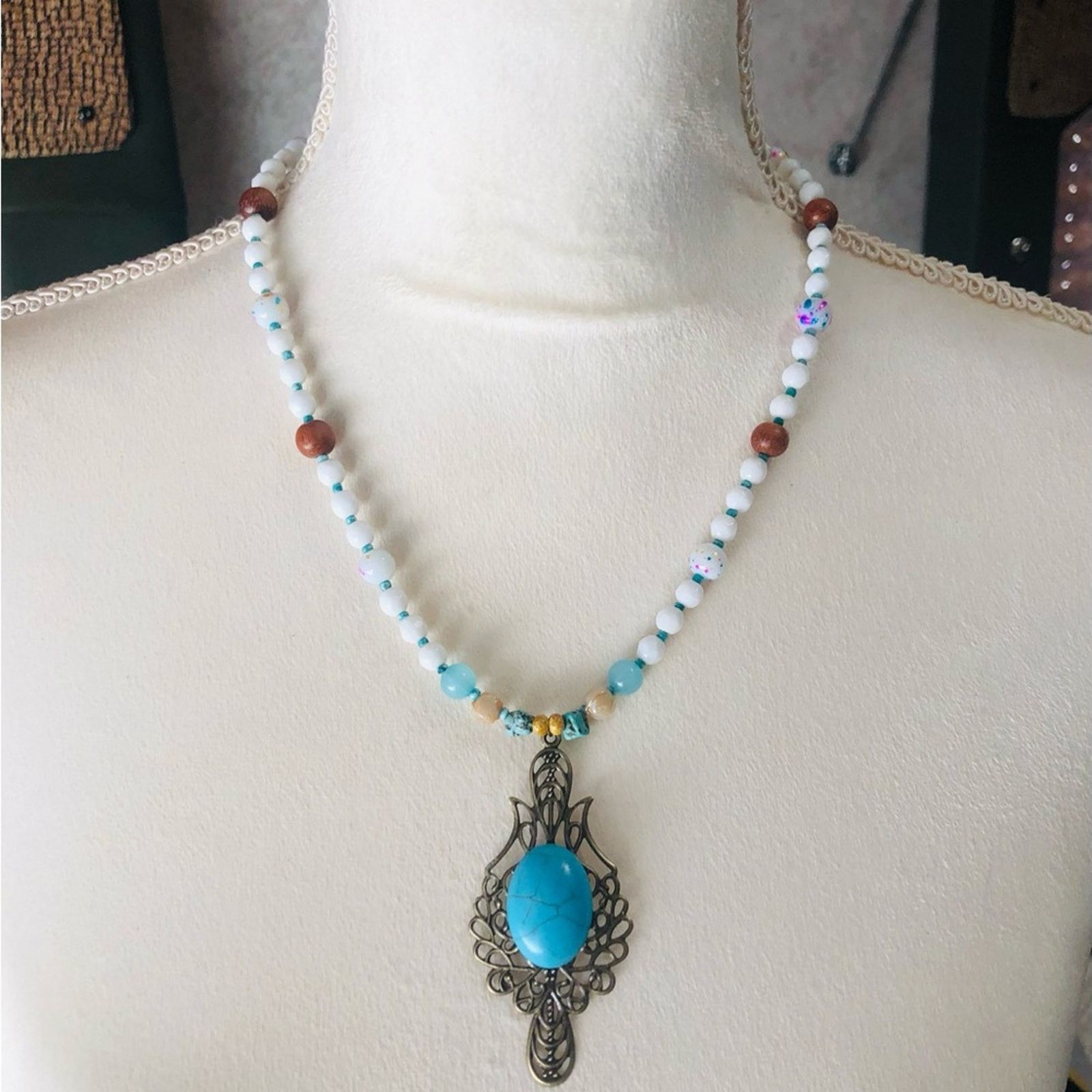 Handmade Handcrafted large howlite filigree pendant beaded necklace Size ONE SIZE - 2 Thumbnail