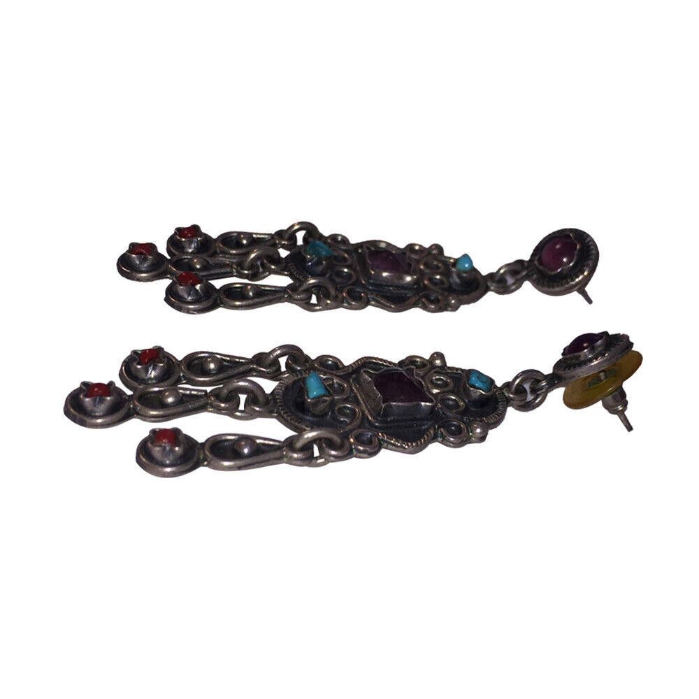Designer Mexican Sterling Silver Gemstone Chandelier Dangle Earrings Size ONE SIZE - 4 Thumbnail