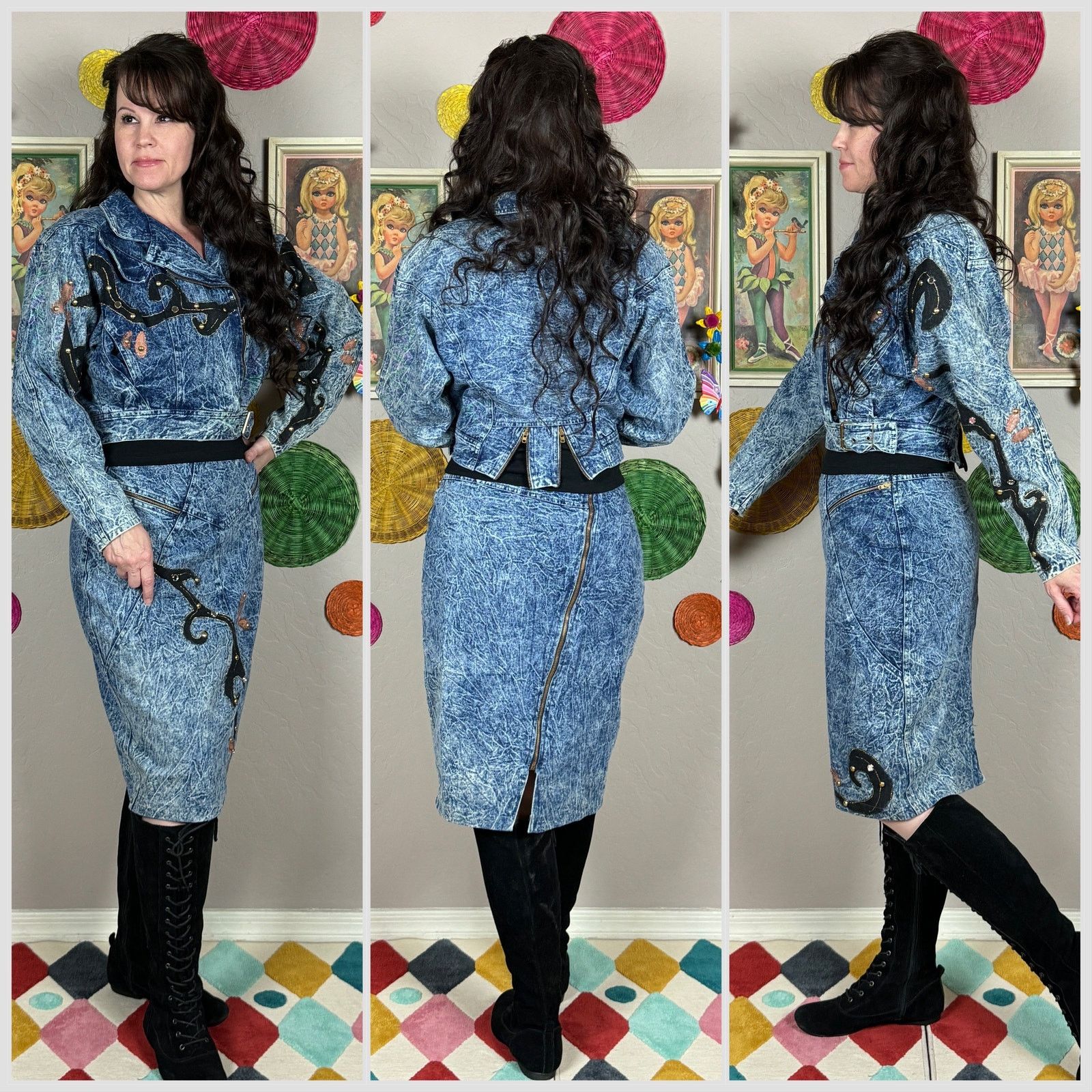 Vintage 1980s Acid Wash Denim Embellished Moto Jacket and Skirt Set Size 28" / US 6 / IT 42 - 2 Thumbnail