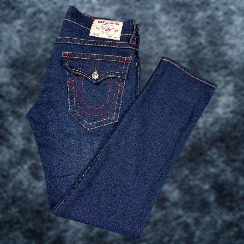 VINTAGE True Religion Men's Jeans 32x32 Rocco Relaxed Skinny Dark Blue 90s Designer Casual Mens