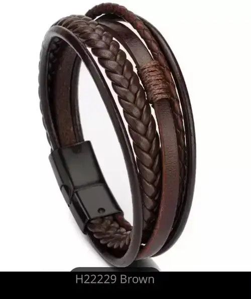 Jewelry Trendy Genuine Leather Bracelet Stainless Steel Men Size ONE SIZE - 2 Thumbnail