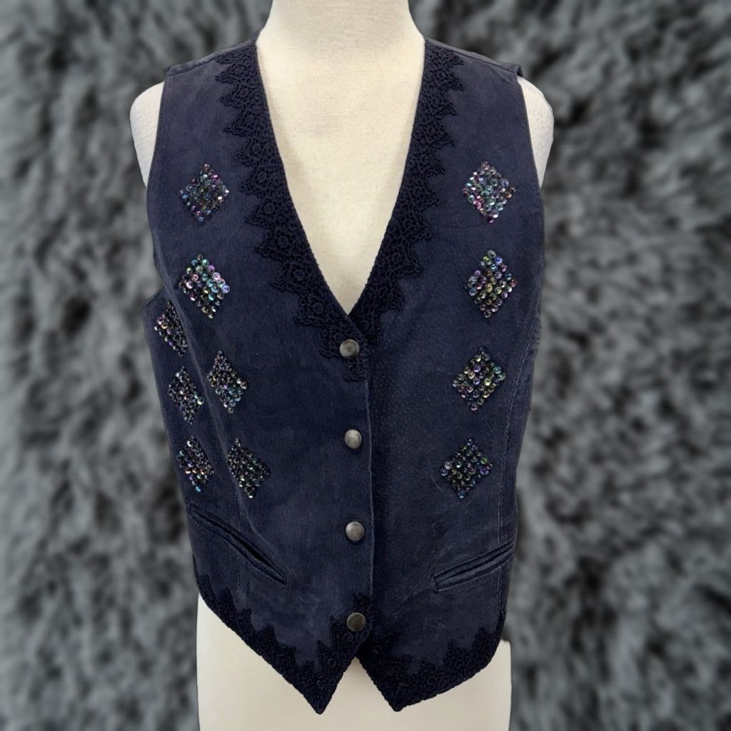 Vintage VINTAGE Willow New York Leather Vest Medium Blue Sequins Bohemian Womens Size M / US 6-8 / IT 42-44 - 1 Thumbnail