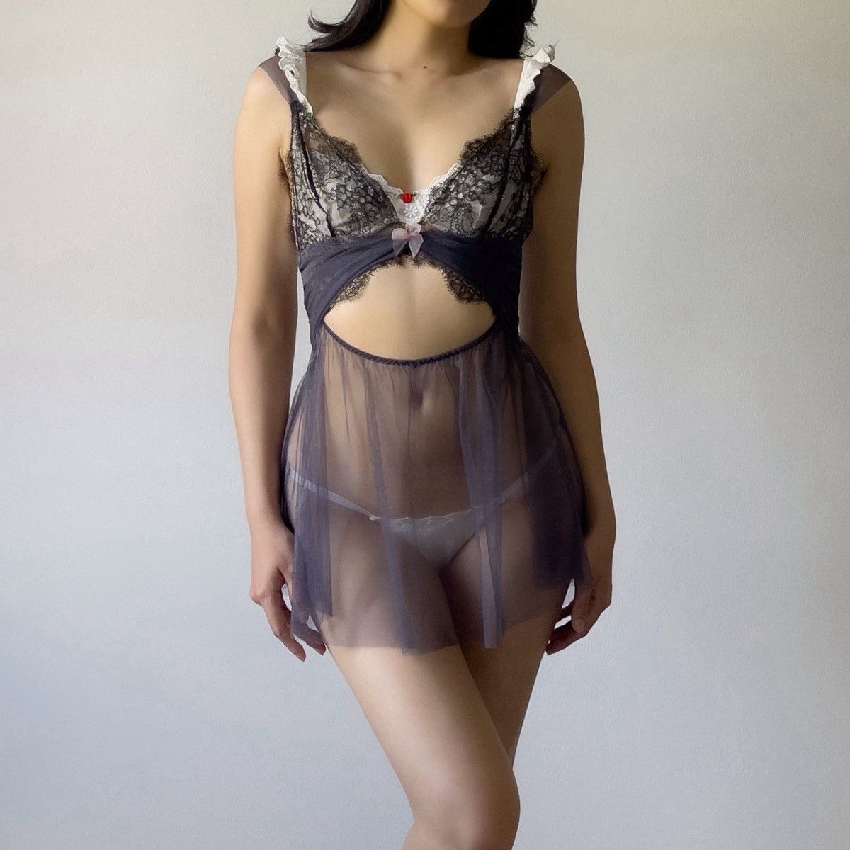 Victoria's Secret Dusty Blue Mesh & Black Lace Sheer Mini Slip Dress (S-M) Size M / US 6-8 / IT 42-44 - 8 Thumbnail