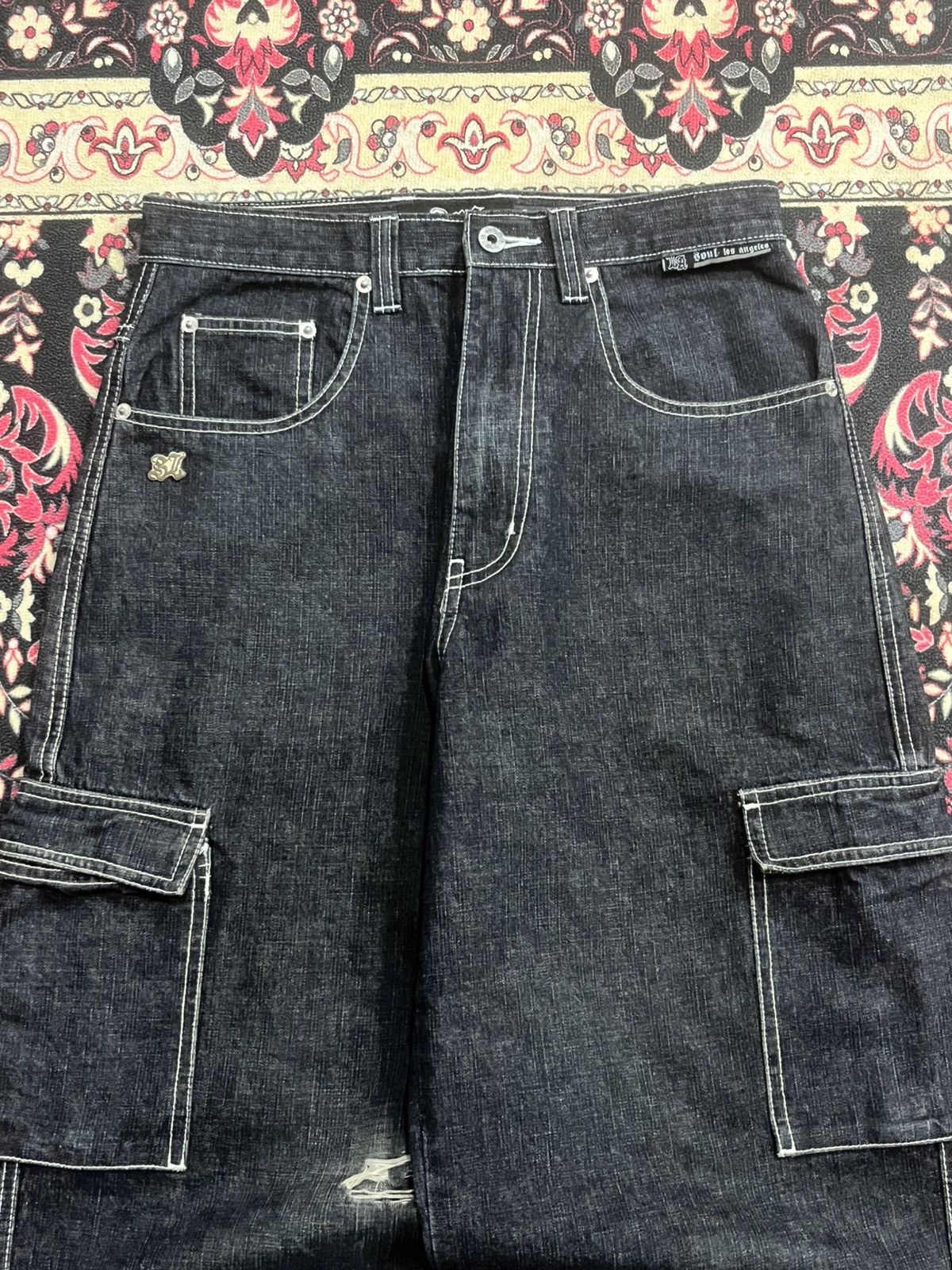 JNCO Vintage Soul Los Angeles Cargo Baggy Black Washed Jeans Size US 29 - 4 Thumbnail