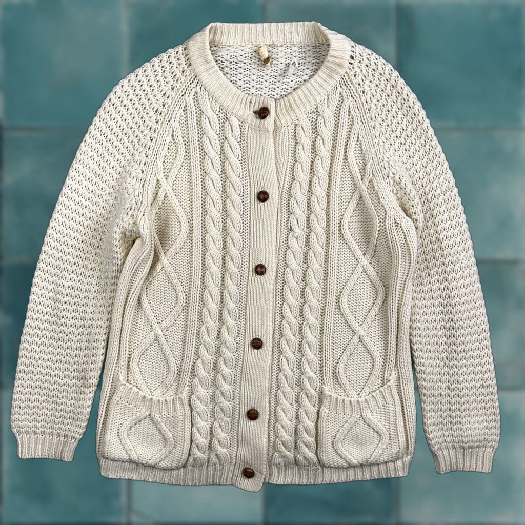 Hudson VINTAGE Hudson's Bay Cardigan Sweater Mens L Ivory Acrylic Cable-Knit Fisherman 80s Korea Size US L / EU 52-54 / 3 - 1 Thumbnail