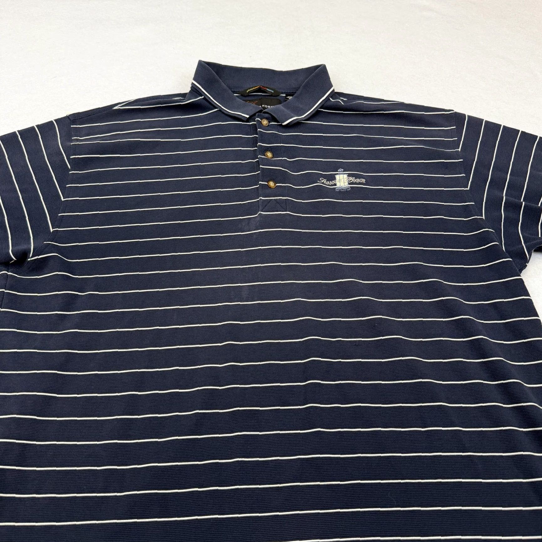 Vintage Greg Norman Savannah Harbor Golf Polo Shirt Mens 2XL Navy Blue Striped Play Dry Shirt Size US XXL / EU 58 / 5 - 2 Thumbnail