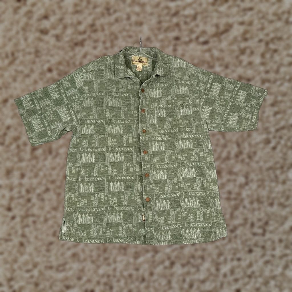 Vintage Seven Palm Shirt Men Small Green Surfboard Geometric Hawaiian Up 100% Silk Size US S / EU 44-46 / 1 - 1 Thumbnail