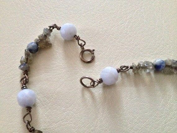 Handmade Silver Rainbow Moonstone Chips Blue Lace Agate Bead Necklace Size ONE SIZE - 5 Thumbnail