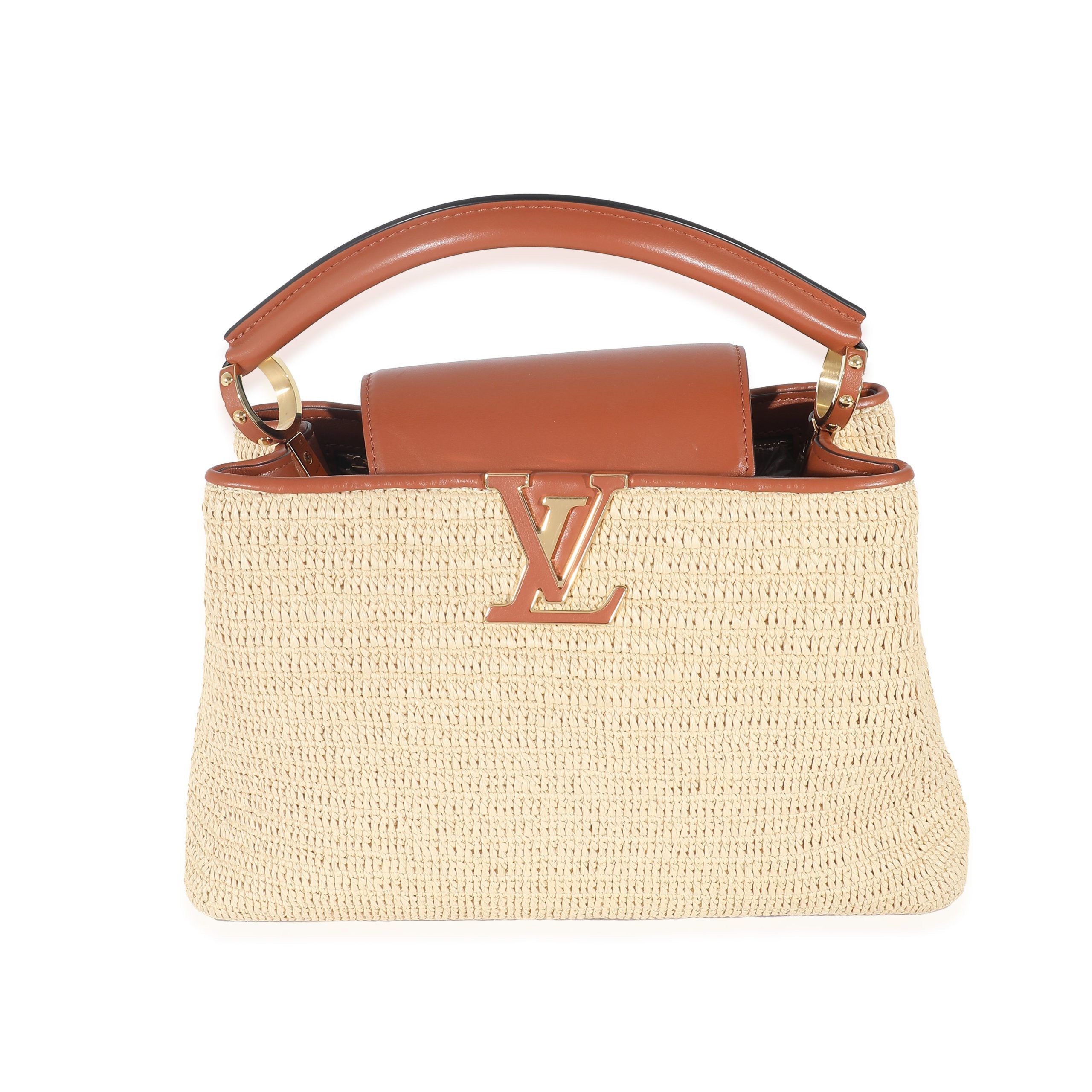 image of Louis Vuitton Caramel Leather & Beige Raffia Capucines Mm, Women's