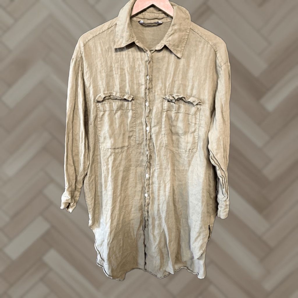 Zara ZARA Shirt Dress Large Long Sleeve Roll Tab Linen Button Green Midi Women L Size L / US 10 / IT 46 - 1 Thumbnail
