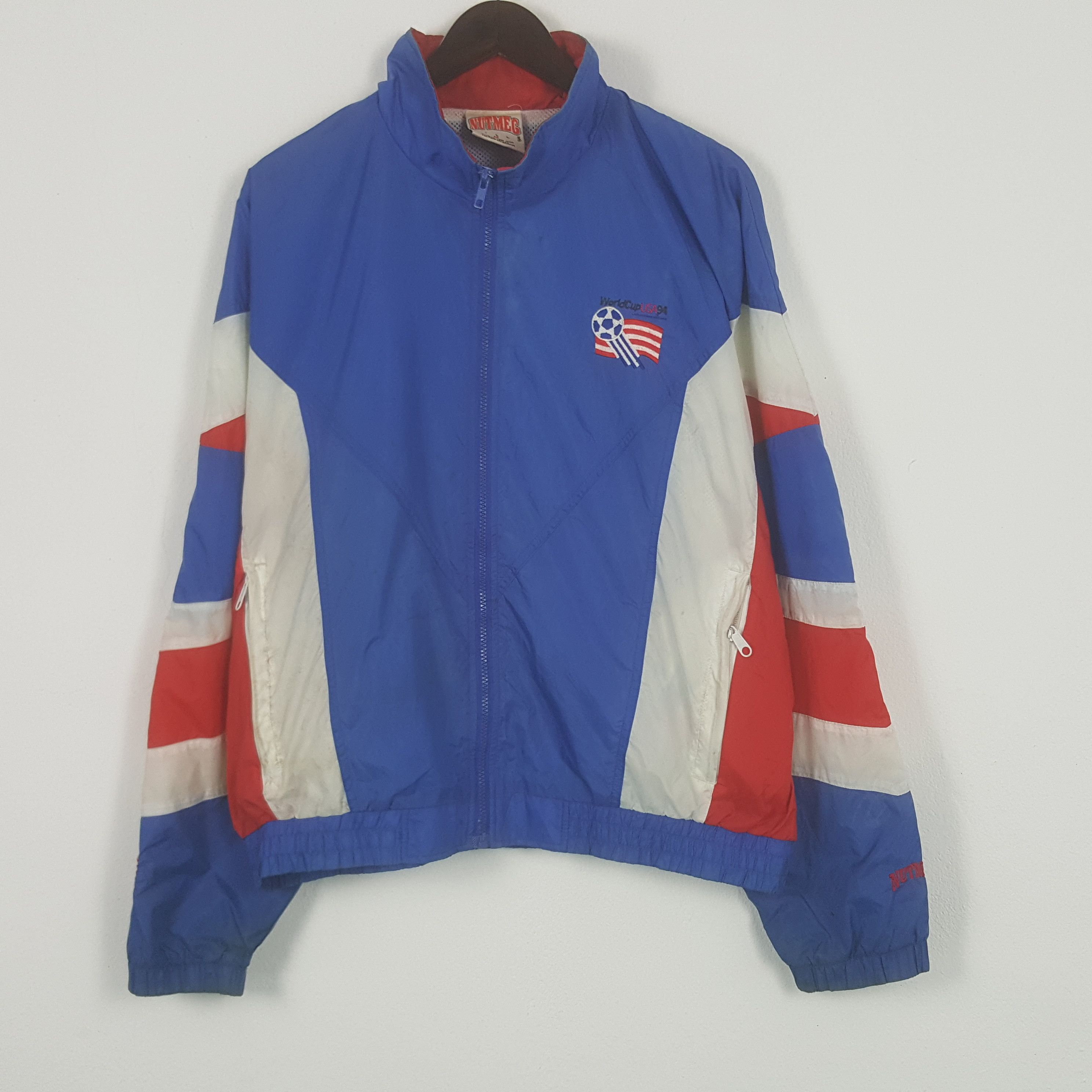 image of Fifa World Cup x Nutmeg Vintage World Cup Usa 94 Bomber Windbreaker Jacket in Blue (Size Large)