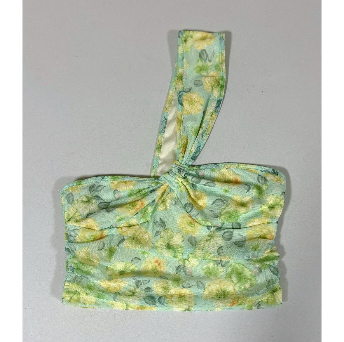 Japanese Brand Green Yellow Floral Mesh One-Shoulder Crop Top Shirt Size S✨ Size S / US 4 / IT 40 - 2 Thumbnail