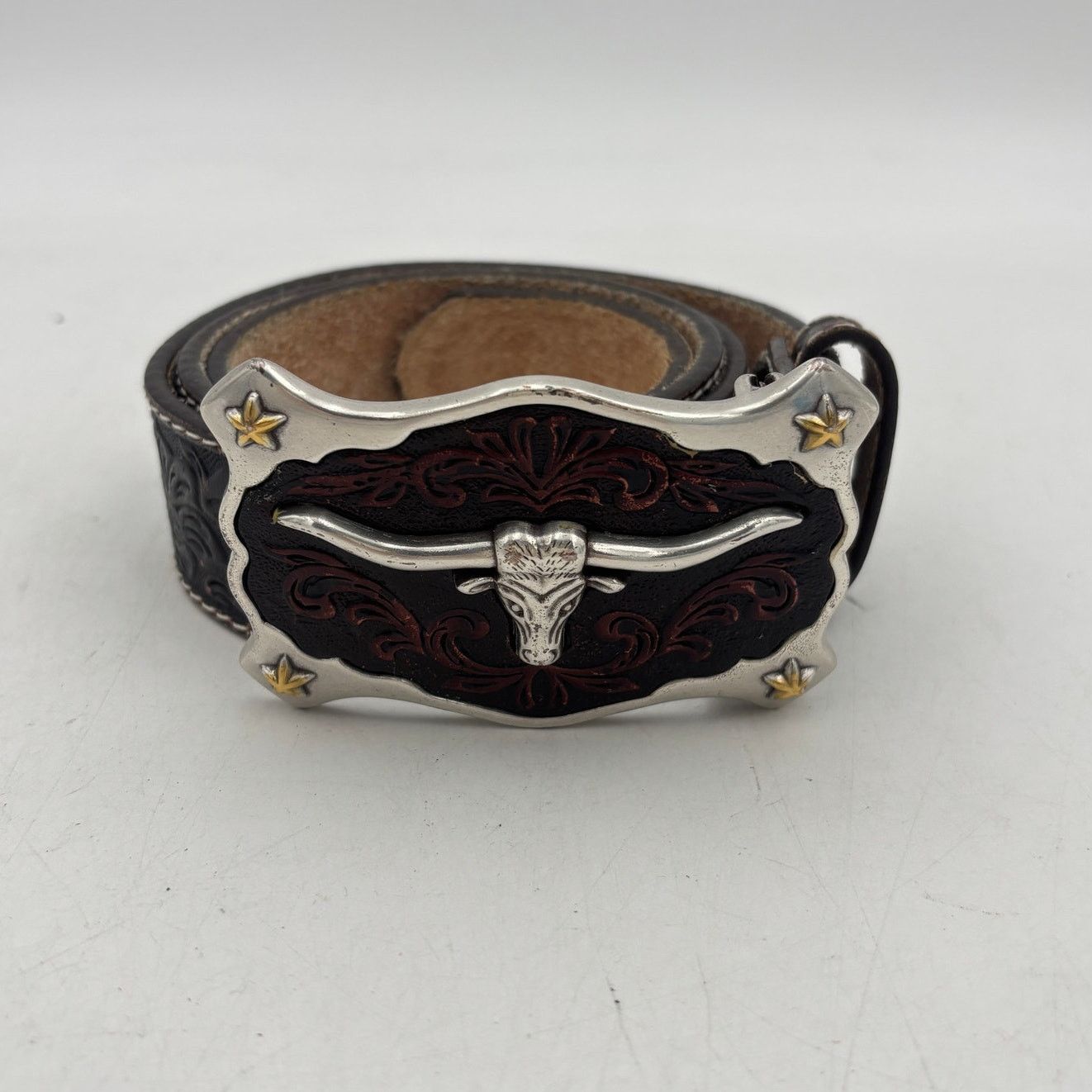 Justin Justin Classic Longhorn Tooled Leather Western Belt USA 36 Size 36 - 1 Thumbnail