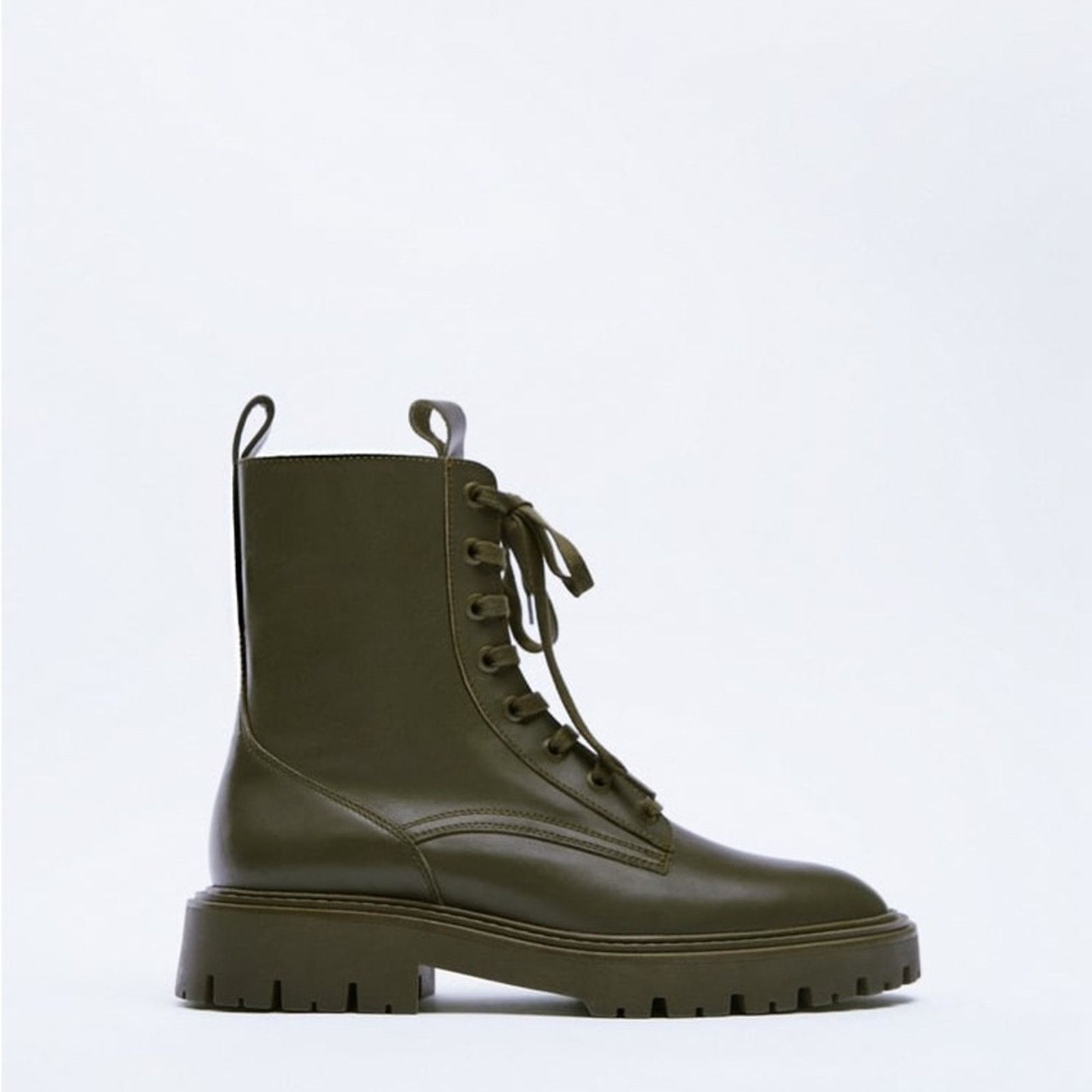 Zara ZARA LOW HEEL LACED LEATHER ANKLE BOOTS KHAKI GREEN Size US 6.5 / IT 36.5 - 2 Thumbnail