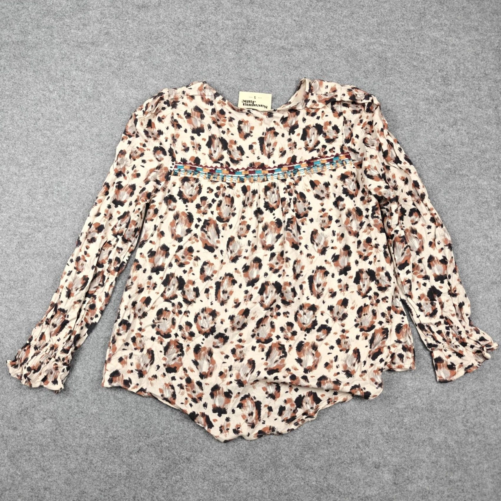 Vintage Savanna Jane Blouse Womens S Beige Leopard Embroidered Tunic Top Long Sleeve Shirt Size S / US 4 / IT 40 - 4 Thumbnail