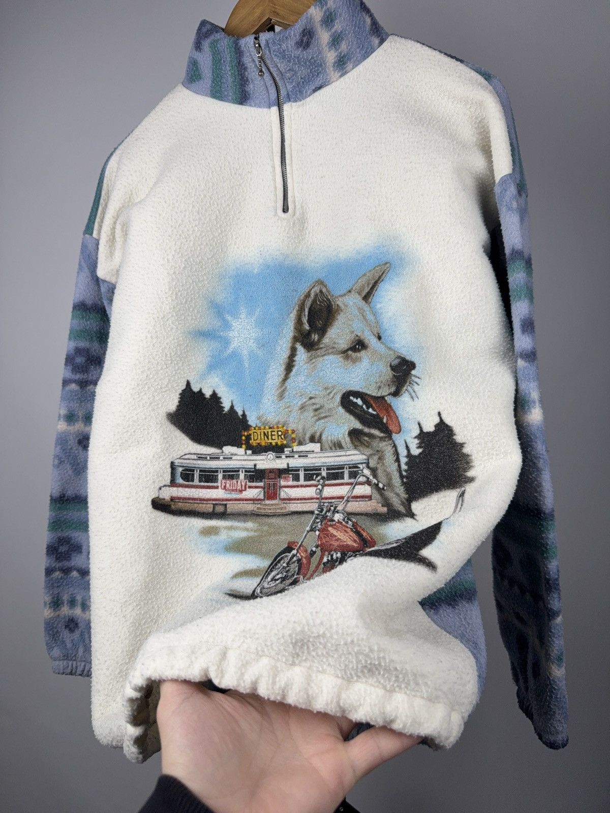 Vintage Retro 90s Vintage Wolf Chopper Fleece Quarter Zip Pullover Size US L / EU 52-54 / 3 - 2 Thumbnail
