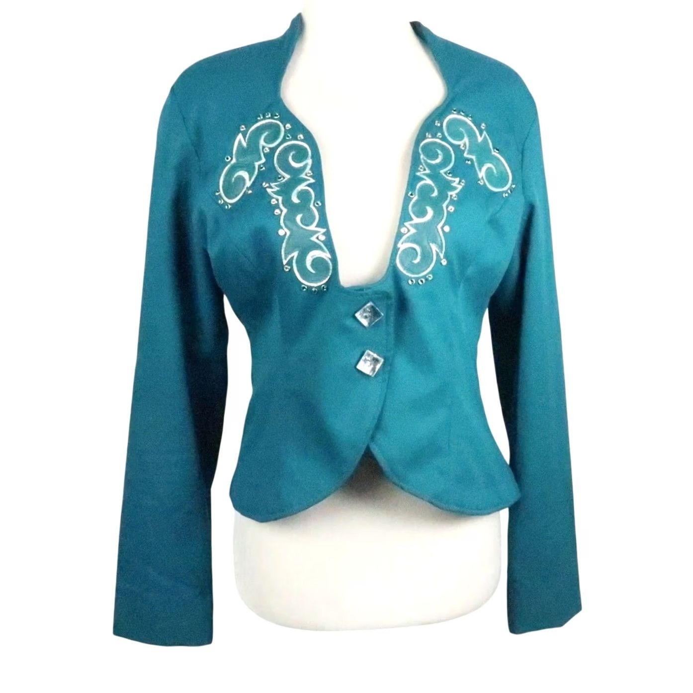 Altea VINTAGE 80s Teal Green Rhinestone Western Patch Rodeo Jacket S Women's Long Sleeve Polyester Jacket rhinestone western patch rodeo jacket Size S / US 4 / IT 40 - 2 Thumbnail