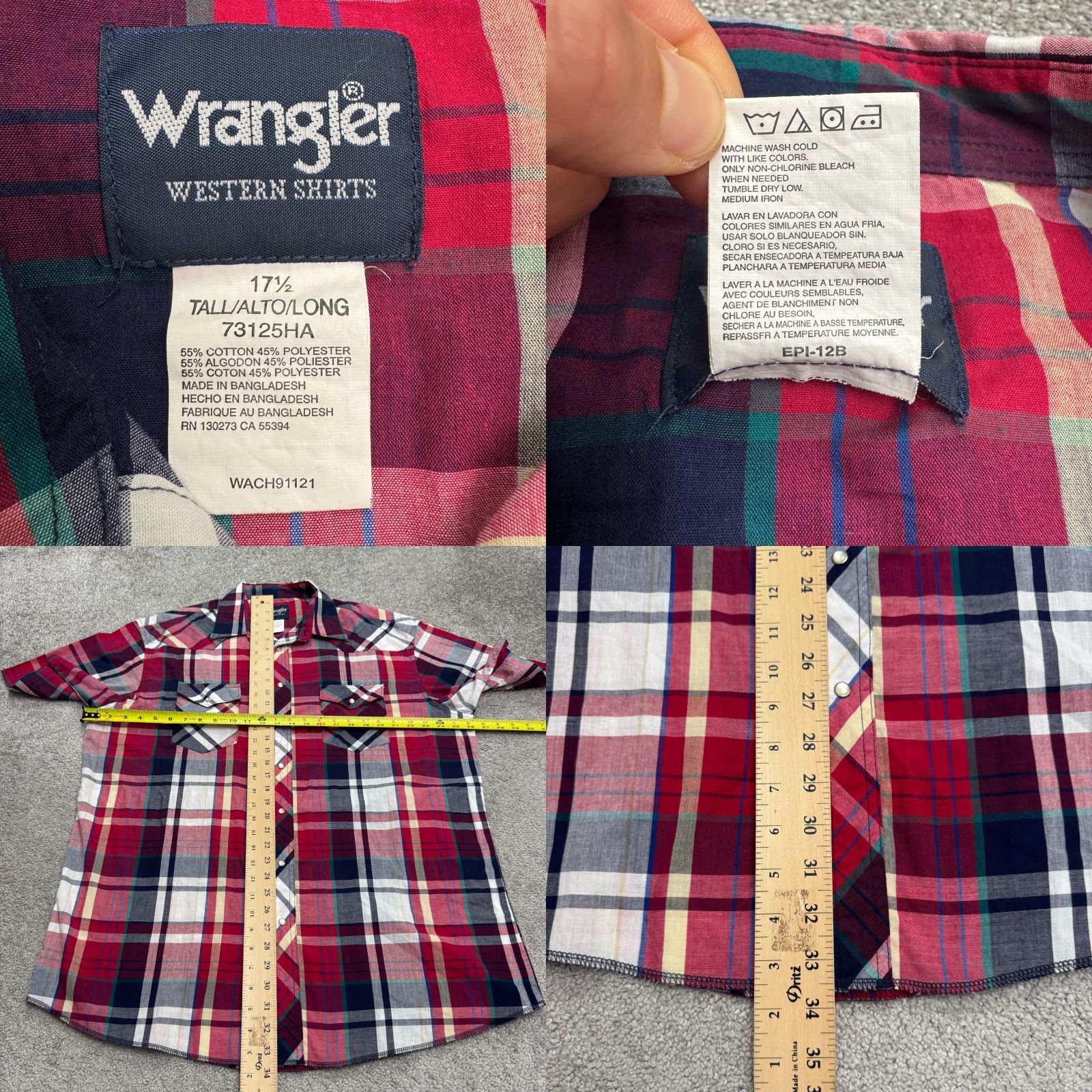 Wrangler Wrangler Shirt Mens 17.5 Tall Button-Up Western Plaid Red Short Sleeve Casual Classic Preppy Colorful 90s? Wait no. Size US XL / EU 56 / 4 - 8 Thumbnail