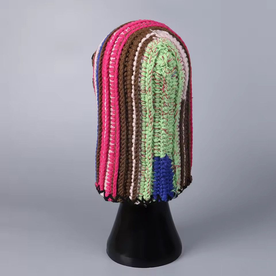 Handmade Colorful Dopamine Crochet Striped Woolen Balaclava Cap Size ONE SIZE - 3 Thumbnail