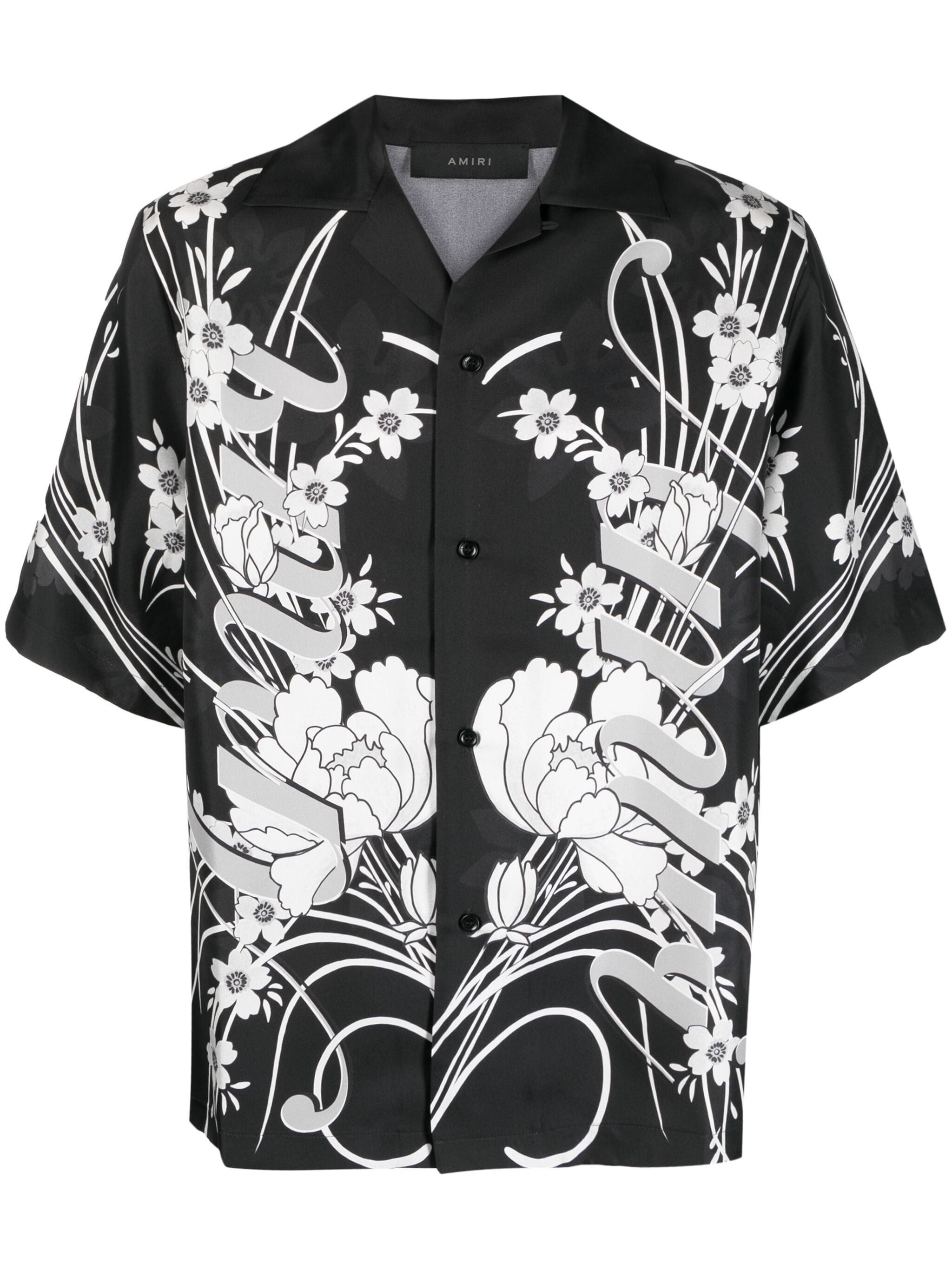 image of Amiri 2.2K Value Black Floral-Print Silk Bowling Shirt, Men's (Size Small)