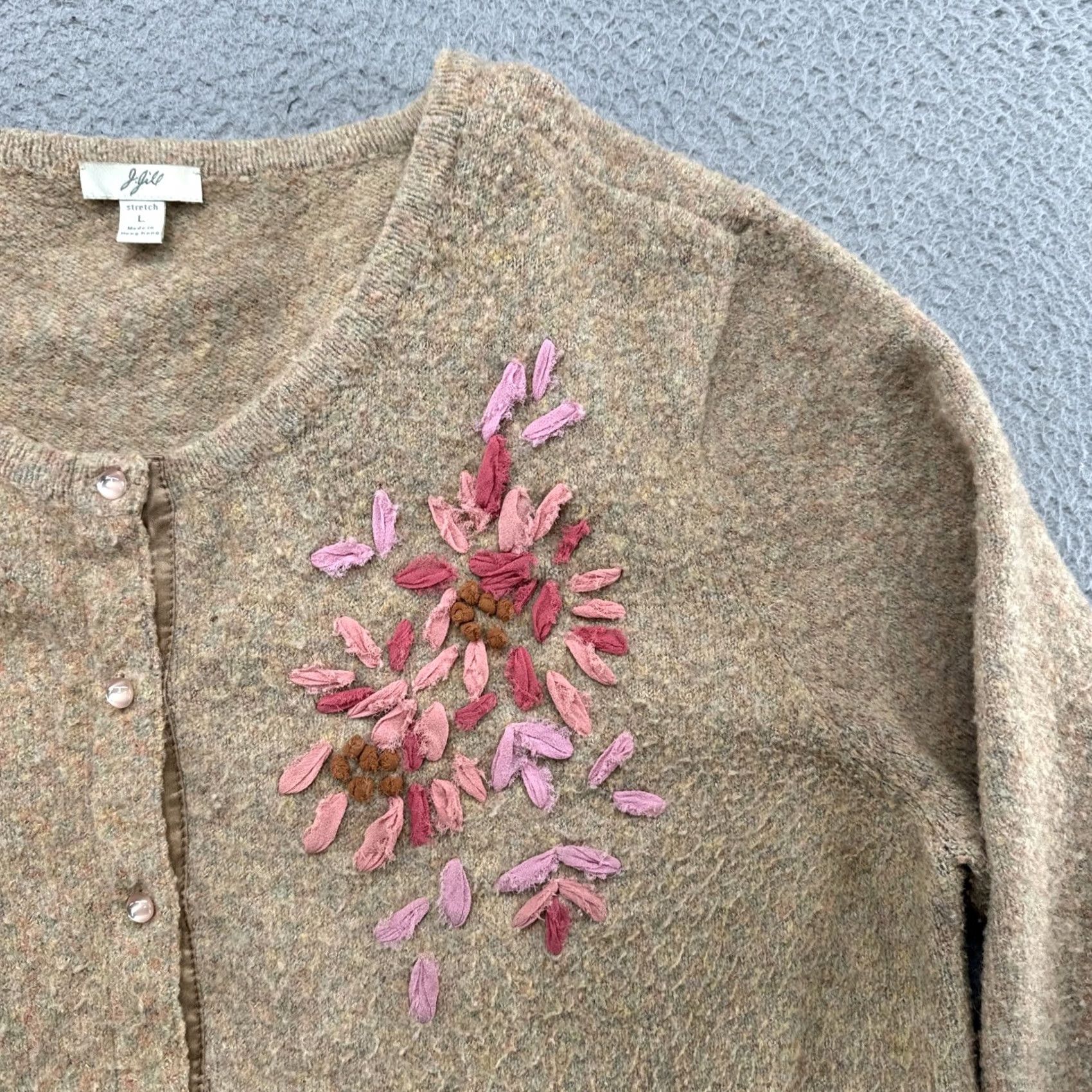 J. Jill J Jill Floral Cardigan Sweater Wool Blend Size L Beige Cap Sleeve Button Up Knit Womens Regular Vintage: No Size L / US 10 / IT 46 - 2 Thumbnail