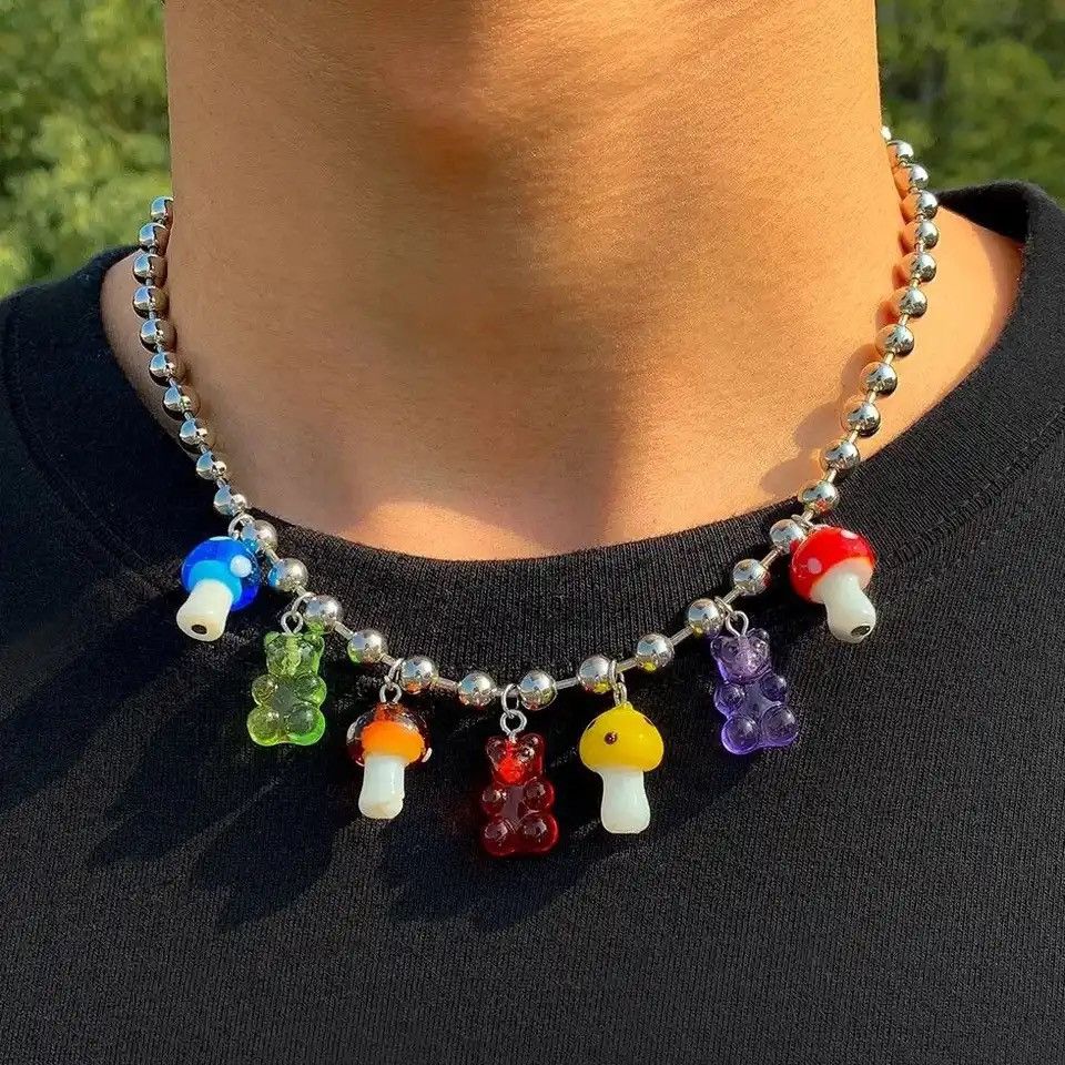 Jewelry Vintage Acrylic Transparent Bear Mushroom Pendant Necklace Size ONE SIZE - 1 Thumbnail