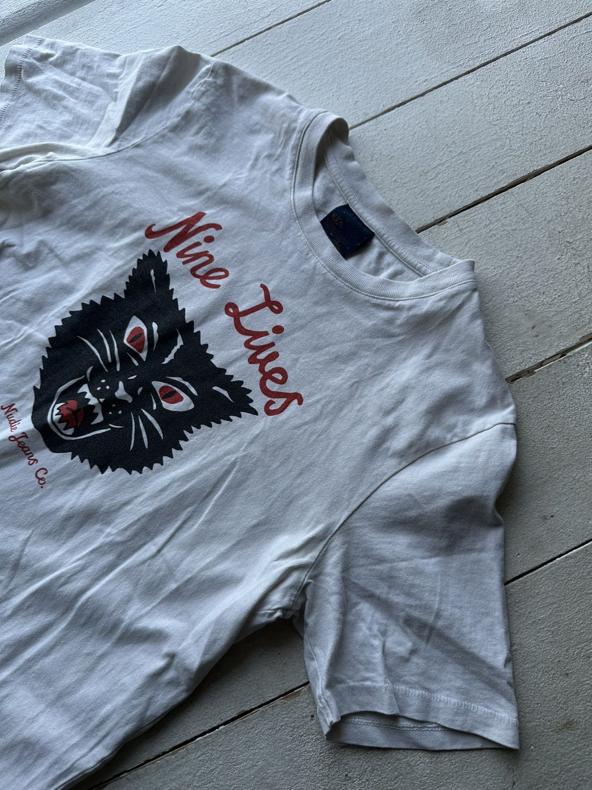 Nudie Jeans 🚨Y2K Big Logo NUDIE JEANS NINE LIVES T-shirt Avant Garde Size US S / EU 44-46 / 1 - 2 Thumbnail
