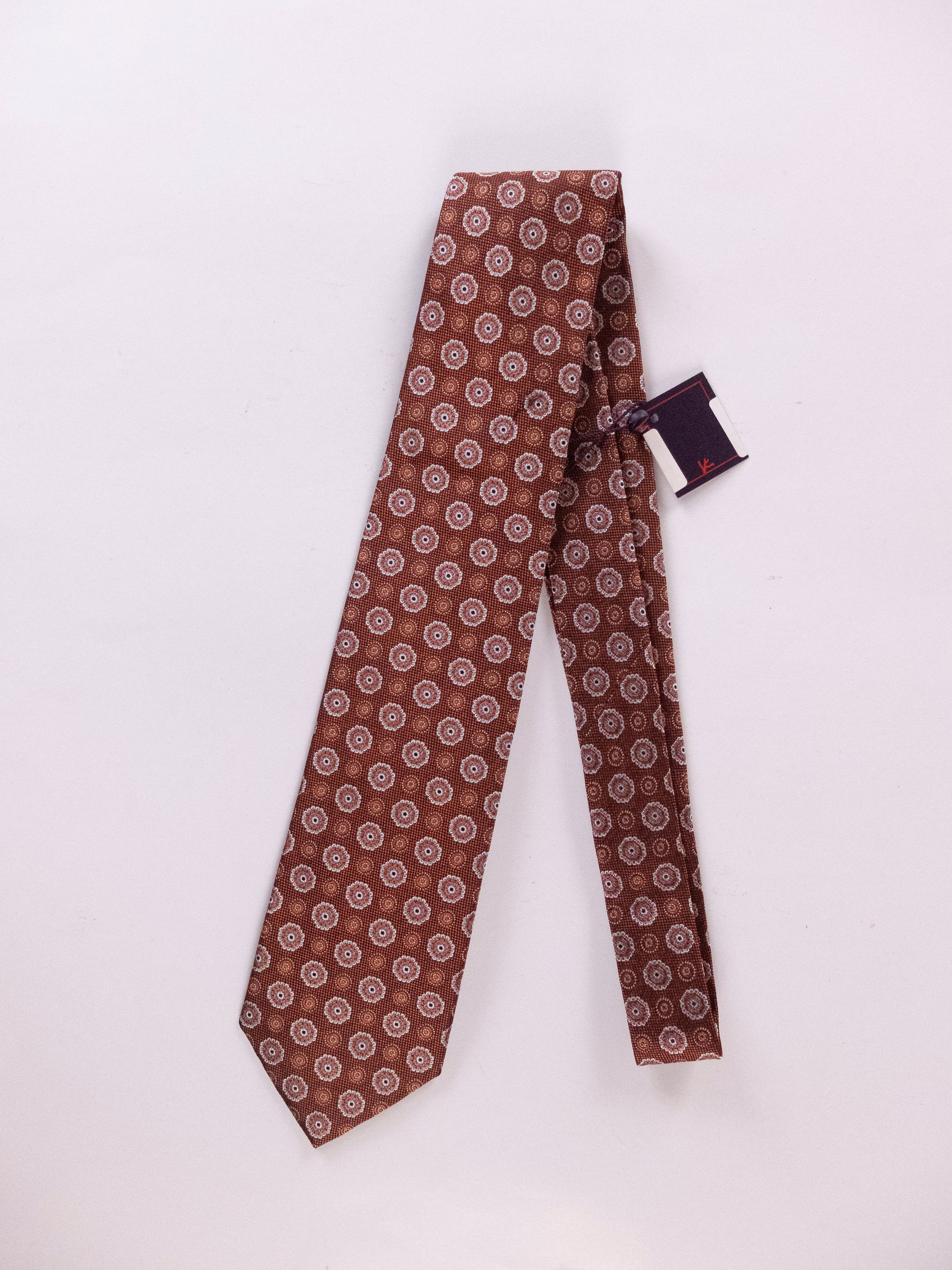 ISAIA Napoli 7-fold copper orange floral motif silk tie NWT