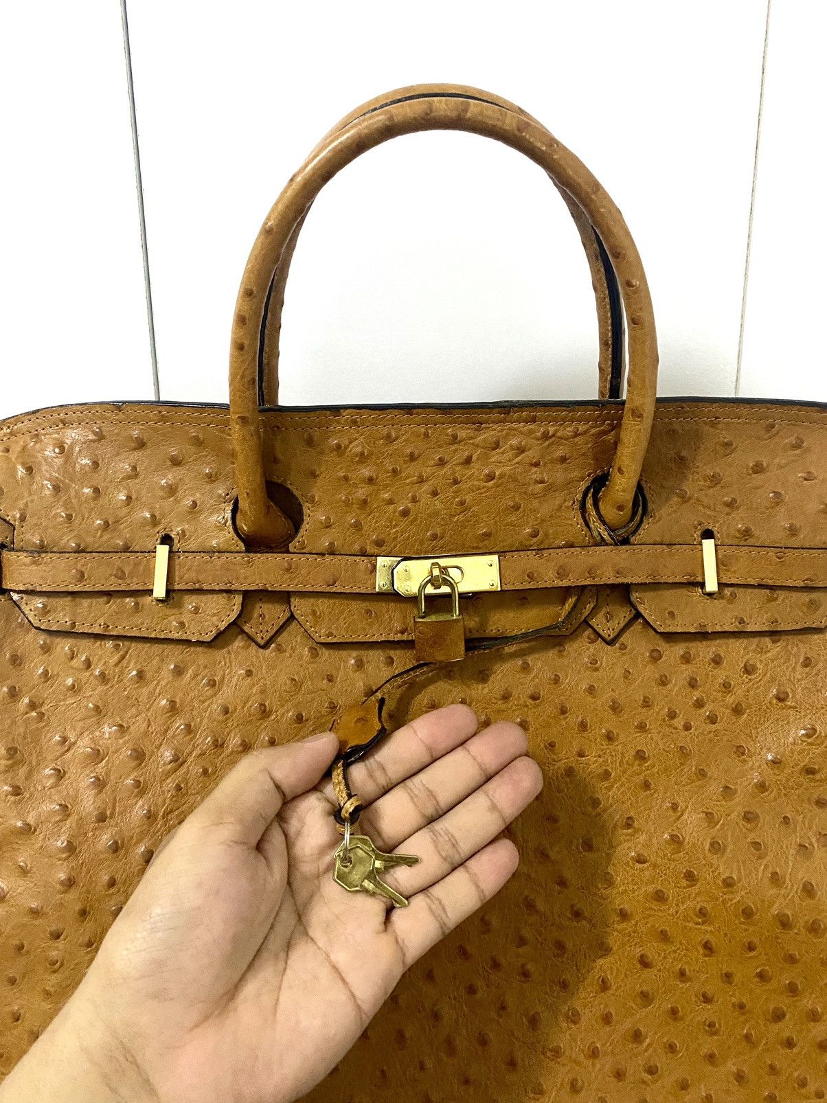 Japanese Brand Rare Ostrich patina Leather Birkin Bag Size ONE SIZE - 5 Thumbnail