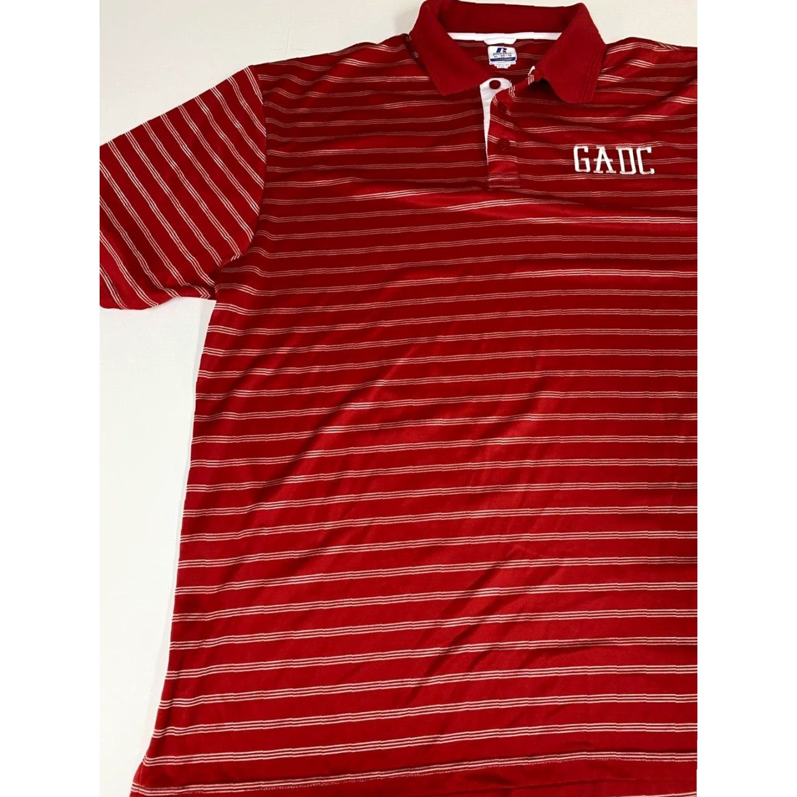 Vintage Russell Polo Shirt XL Red Striped Dri-Power Mens Short Sleeve Button-Down Collared 100% Cotton Sports Golf Breathable Athletic Logo Vintage No Size US XL / EU 56 / 4 - 3 Thumbnail