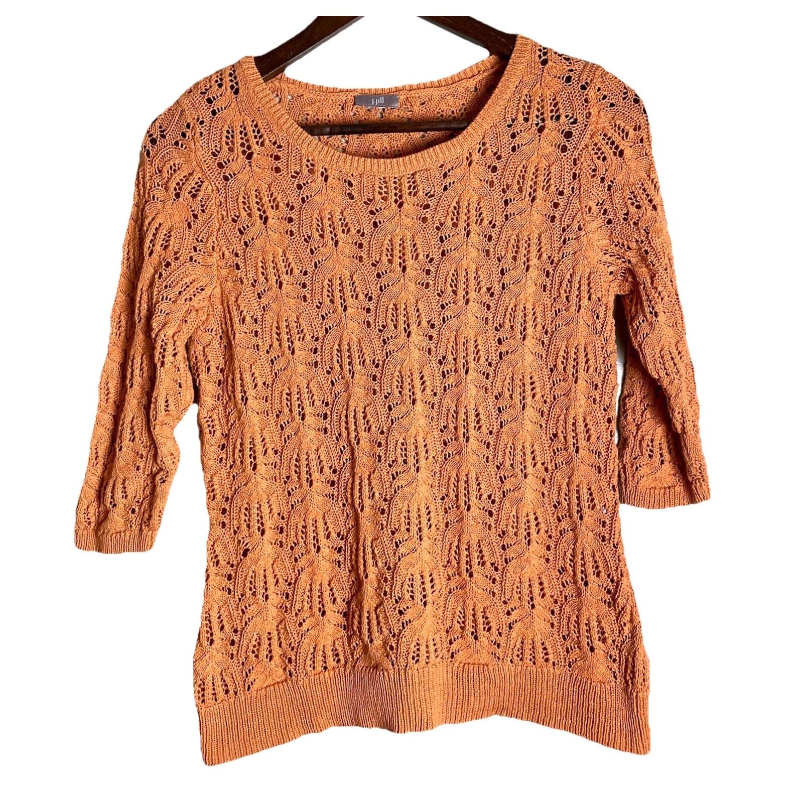 J. Jill J.Jill Sweater Pullover Knit 3/4 Sleeve Open-Knit Lightweight Orange Size S XS Women's Crochet Pullover - 90% Cotton/20% Nylon Size S / US 4 / IT 40 - 2 Thumbnail