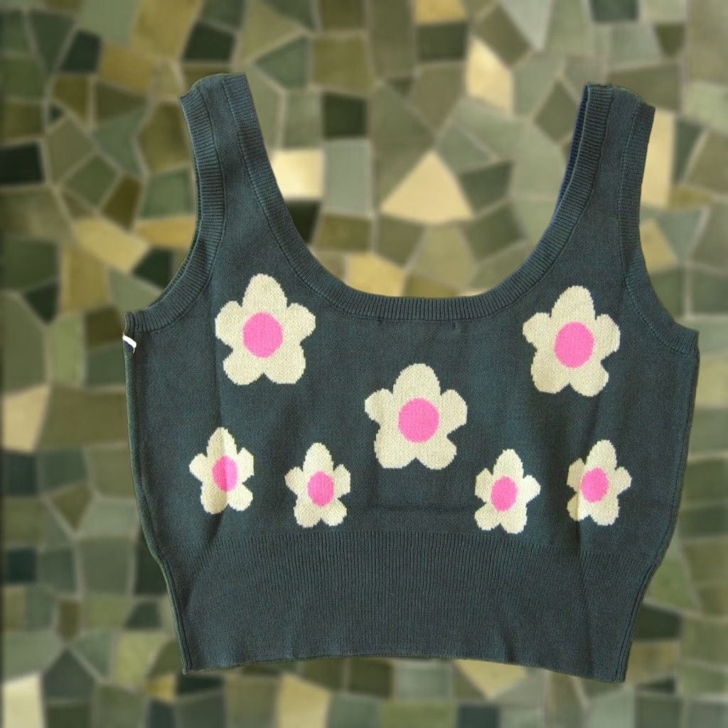 Vintage NWT Bailey Rose Green Pink Daisy Flower Power Tight Knit Crop Tank Blouse Small Size S / US 4 / IT 40 - 1 Thumbnail