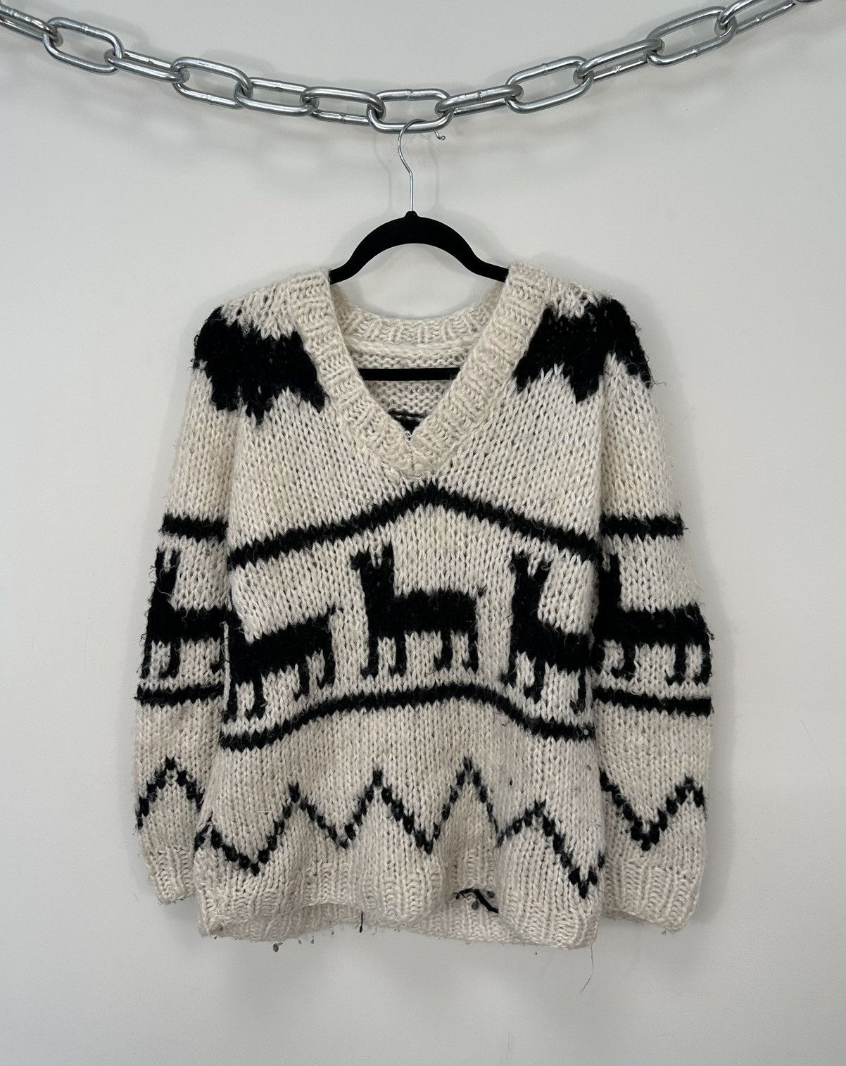 Vintage Vintage 90s Lana Abstract Art Wool V-Neck Sweater Size US M / EU 48-50 / 2 - 1 Thumbnail