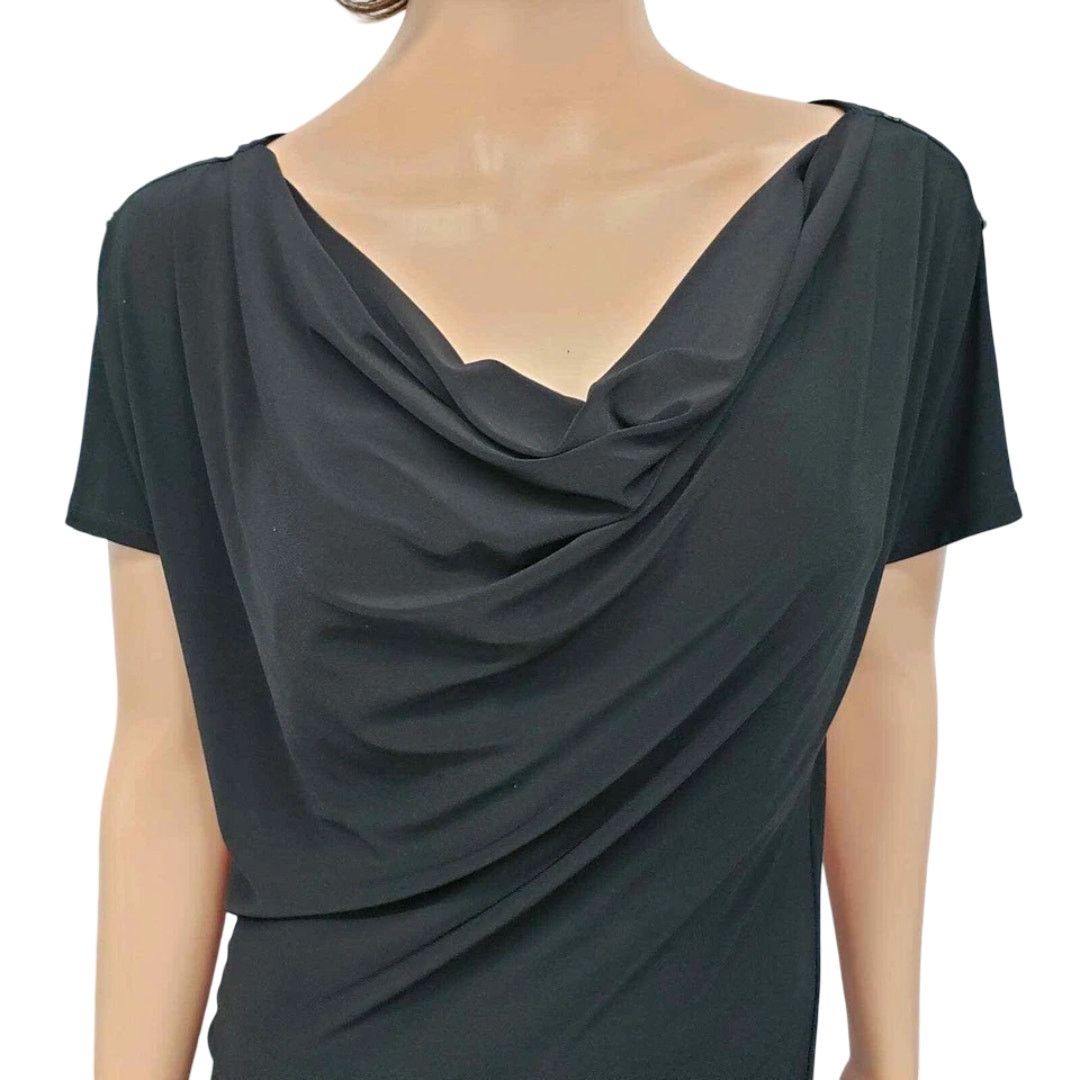 White House Black Market WHBM Button Shoulder Tunic Dress M Drape Ruched Black Size M / US 6-8 / IT 42-44 - 3 Thumbnail