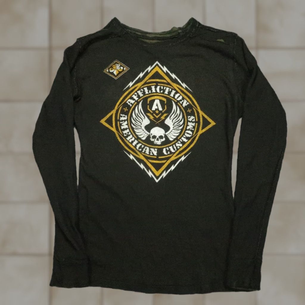 Affliction VINTAGE Affliction Pullover Womens Large Green Camo Reversible Crew Thermal Skull VTG Size L / US 10 / IT 46 - 1 Thumbnail