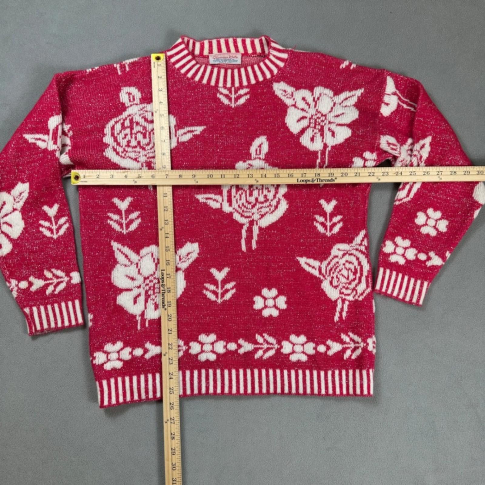 Other Vintage Glamour Knit Womens Sweater S Made in USA Red Floral Size S / US 4 / IT 40 - 2 Thumbnail