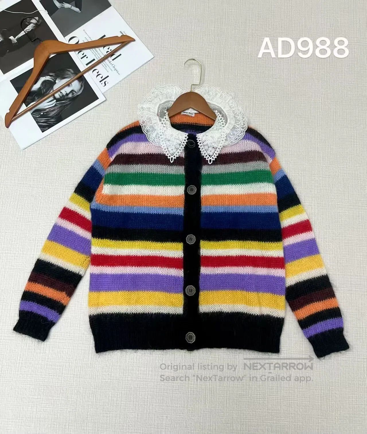 Miu Miu Miu Miu Color-Blocked Lace Collar Cardigan. Size XS / US 0-2 / IT 36-38 - 1 Thumbnail