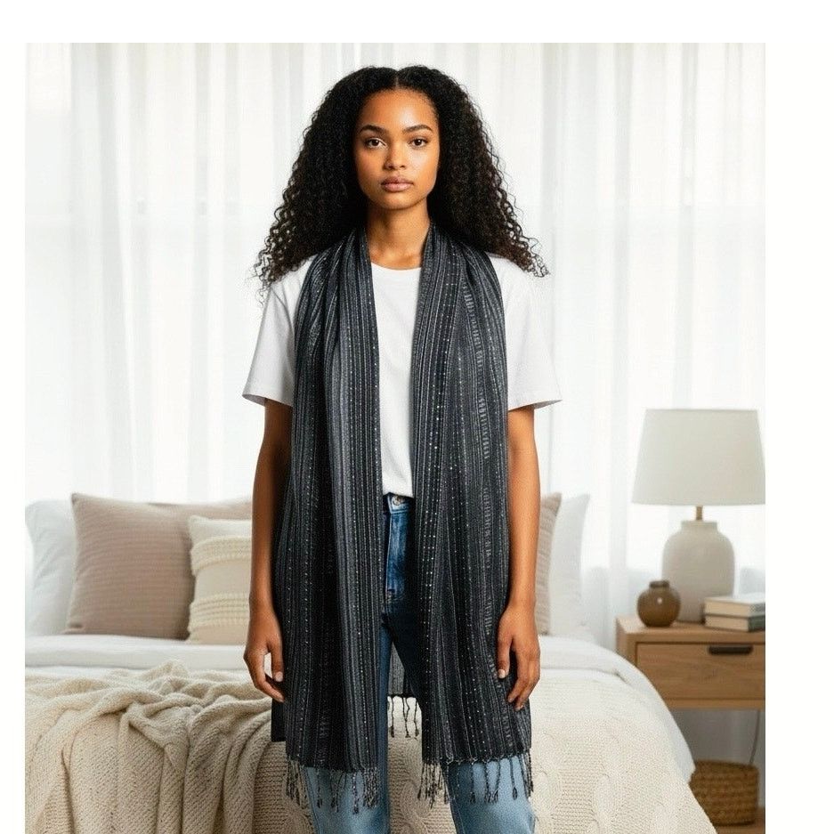 Other Black Shawl Sheer Vest With Silver Threads & Sequins Fringe Size XL / US 12-14 / IT 48-50 - 1 Thumbnail
