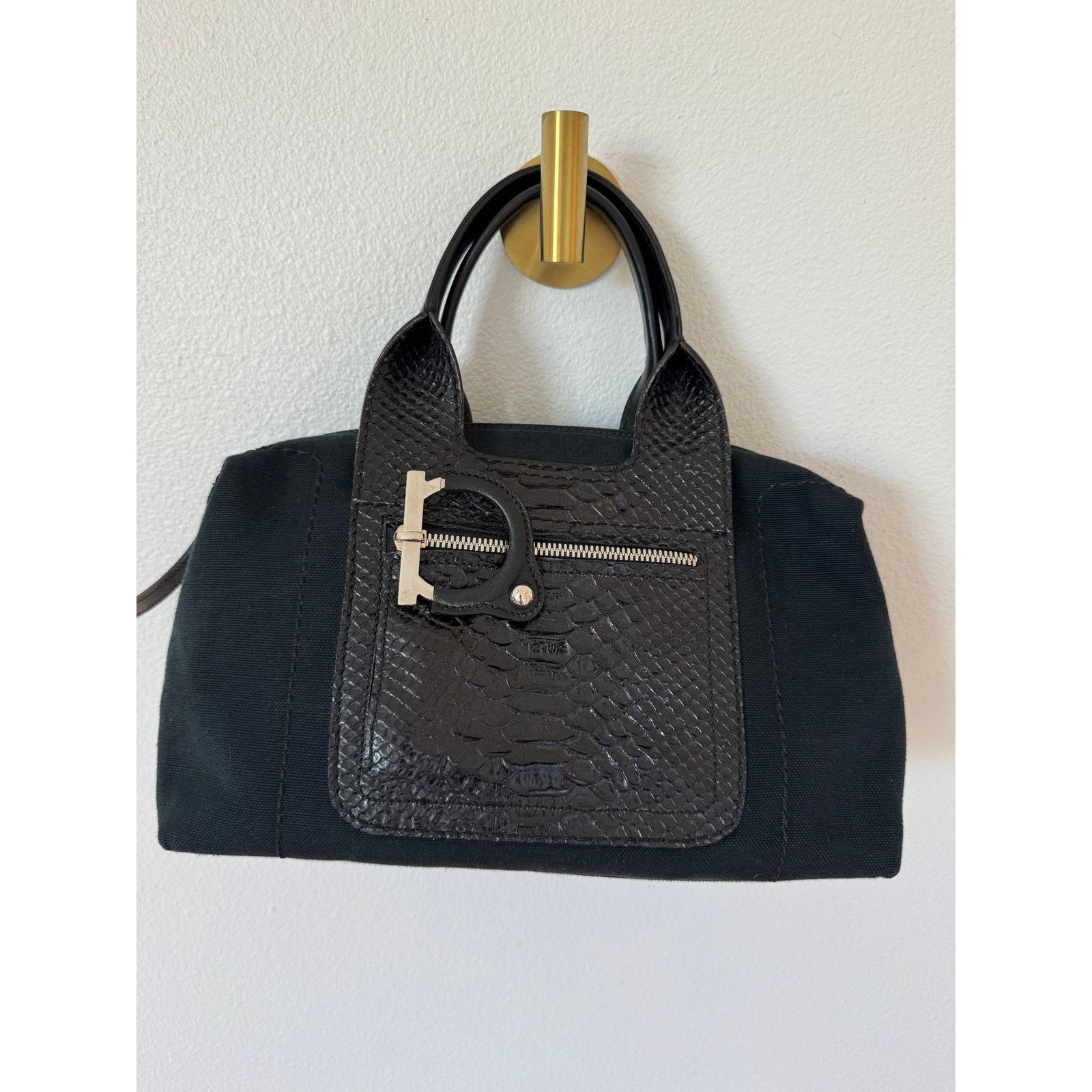 Salvatore Ferragamo Ferragamo Gancini Black Canvas Snakeskin Satchel Bag, Women's