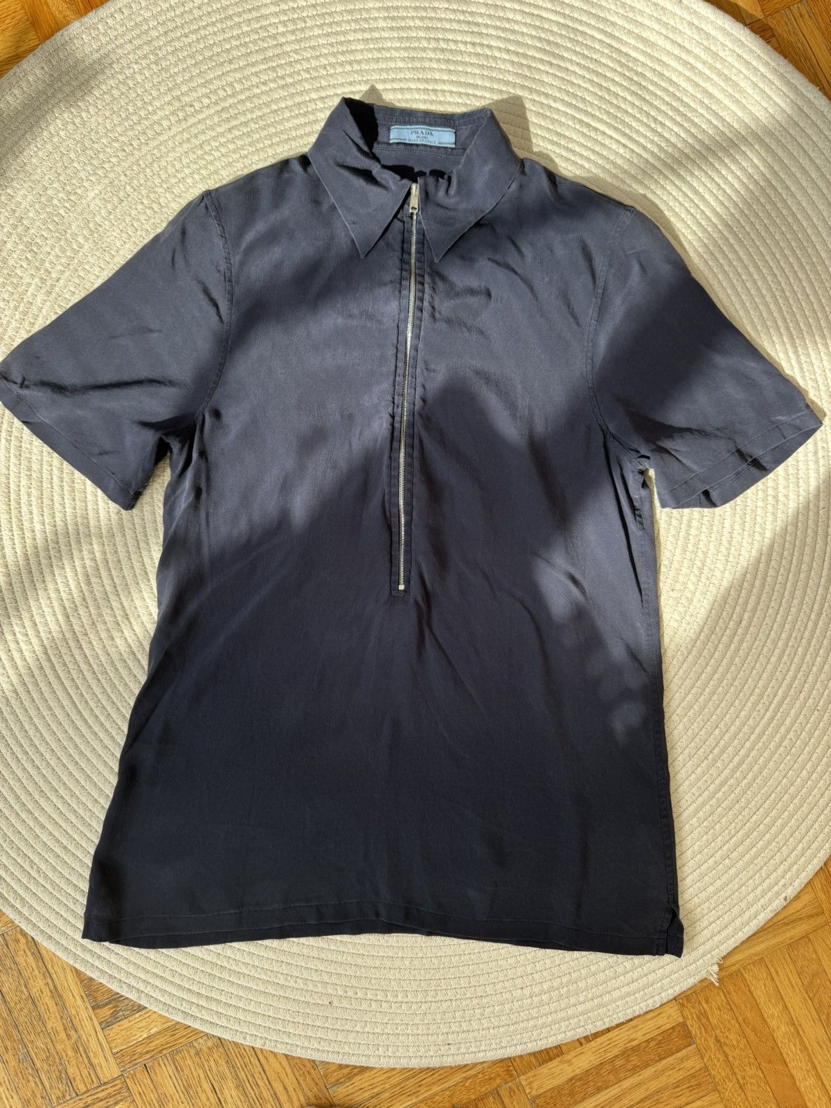 Prada navy zip up polo silk shirt