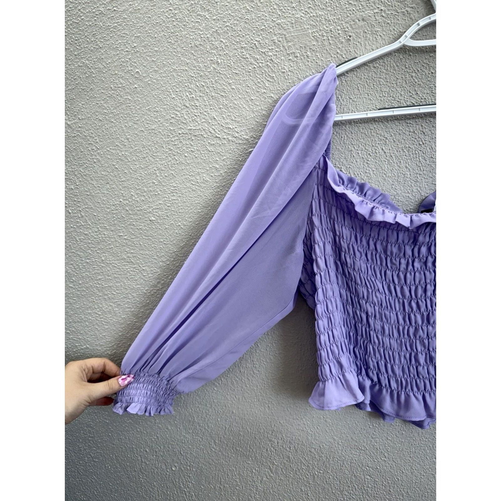 H&M H&M Womens Top L Purple Cropped Smocked Long Sleeve Balloon Sleeve Square Neck Size L / US 10 / IT 46 - 2 Thumbnail