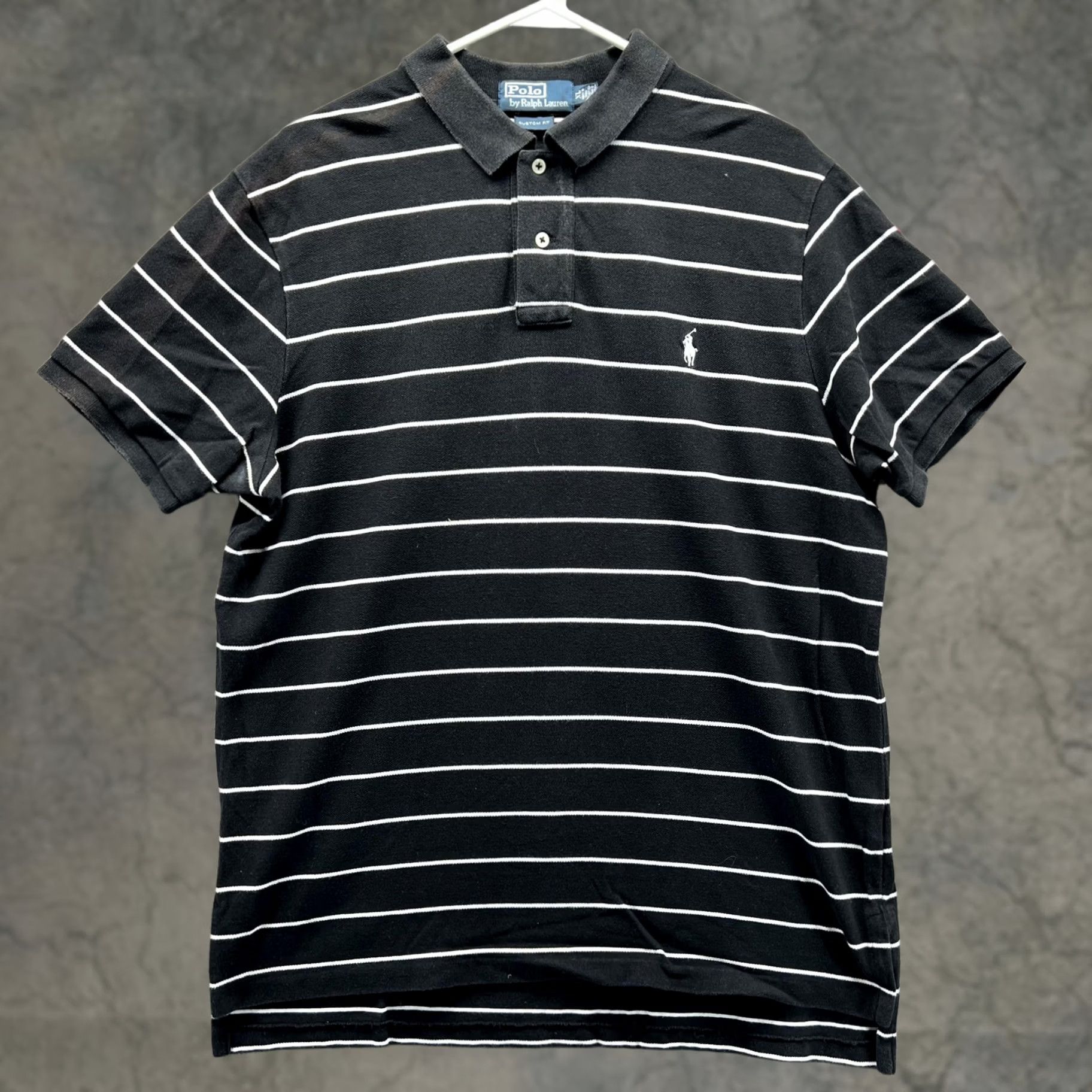 Polo Ralph Lauren VINTAGE Polo Shirt Polo Ralph Lauren Men XL Black Stripe Pony Pique Custom Fit Short Sleeve Button Logo Catwalk Casual Business Mens Size US XL / EU 56 / 4 - 1 Thumbnail