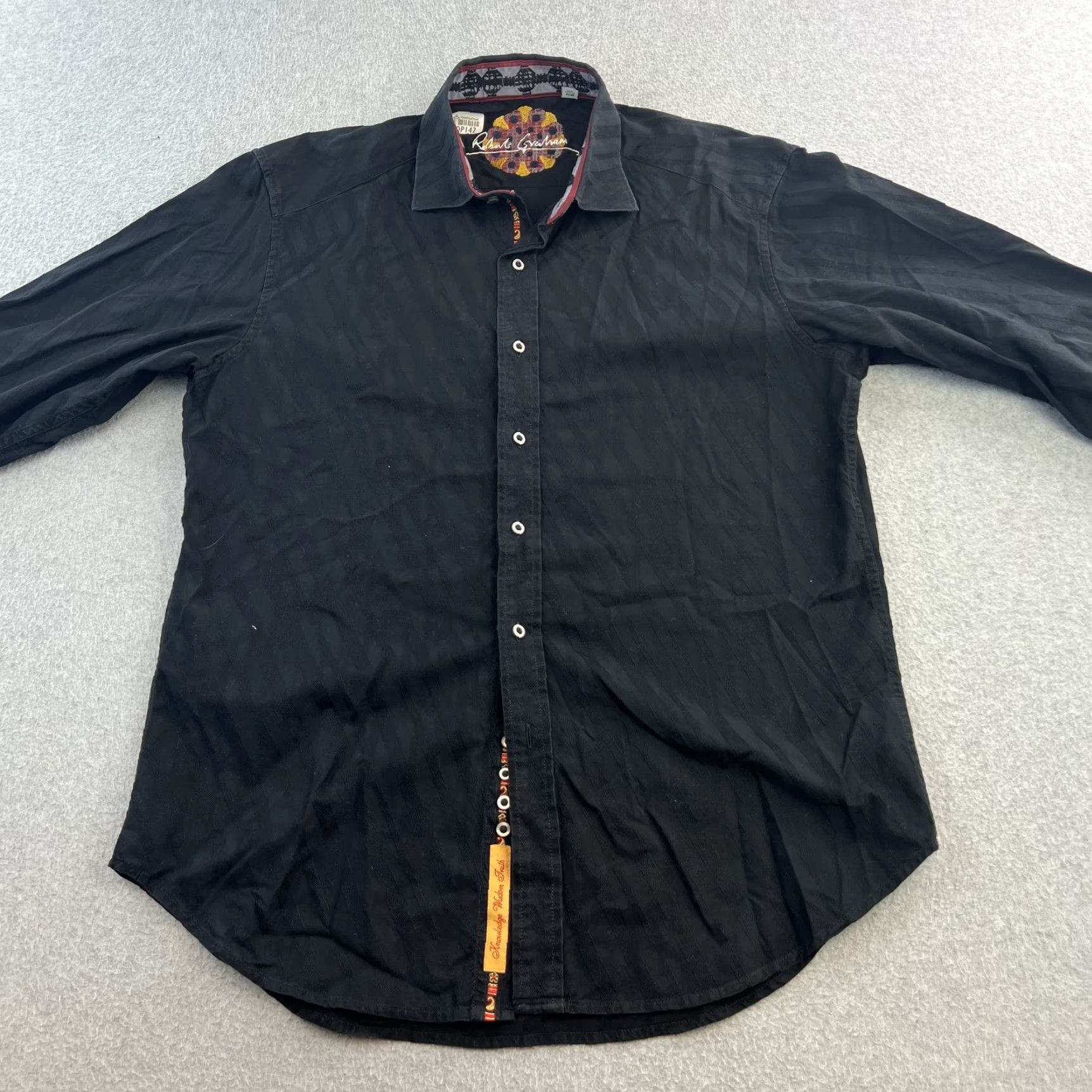 Robert Graham Robert Graham Dress Shirt Mens M Black Patterned Trim Preppy Button Up Skull Embroidered Contrast Trim Size 40R - 4 Thumbnail