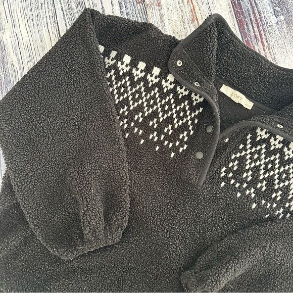 Loft LOFT Black Embroidered Fair Isle Sherpa Teddy Pullover Sweat Size XL / US 12-14 / IT 48-50 - 4 Thumbnail