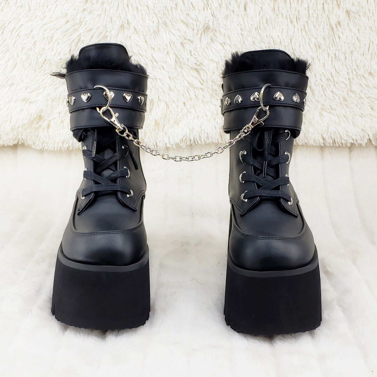 Other Ashes 57 Black Heart Studs 3.5" Platform Goth Boots Fur Line Size US 12 / IT 42 - 6 Thumbnail