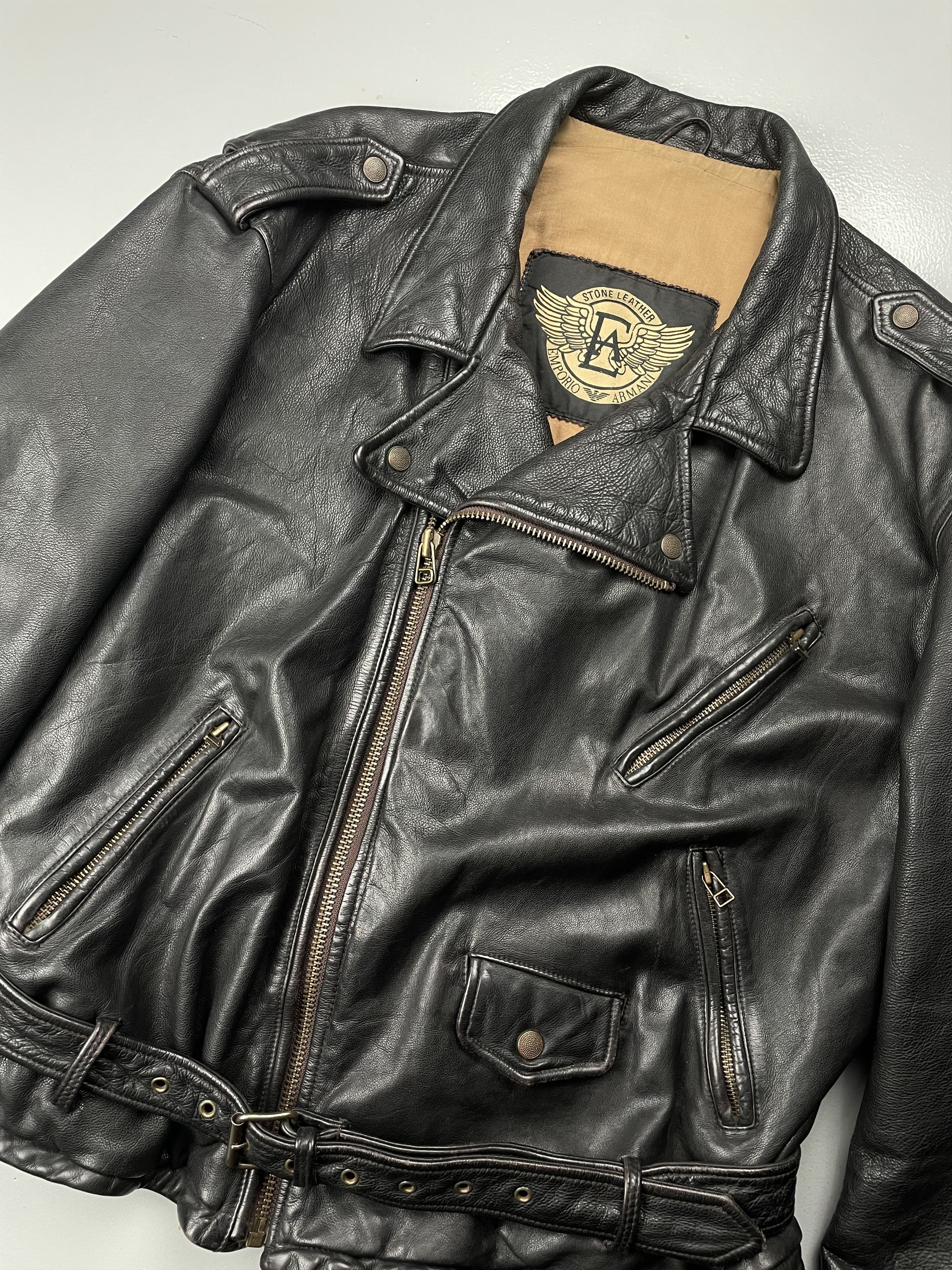 Emporio Armani vintage Emporio Armani 1990's biker Stone Leather jacket Size US L / EU 52-54 / 3 - 4 Thumbnail