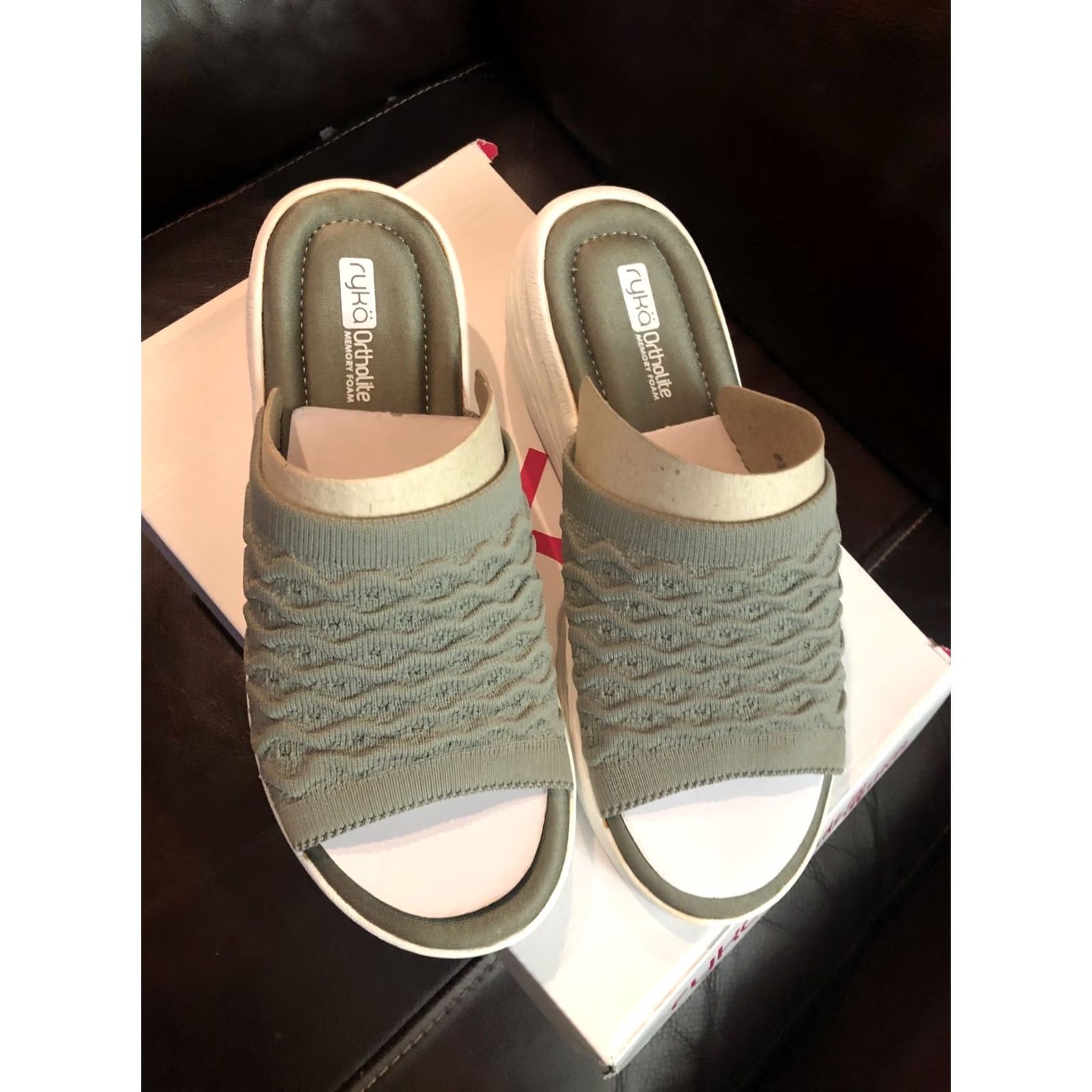 Vintage Ryka Women Stretch Knit Slides Wedges Nanette Green Sz 9M Ortholite Memory Foam Sandal Size US 9 / IT 39 - 2 Thumbnail