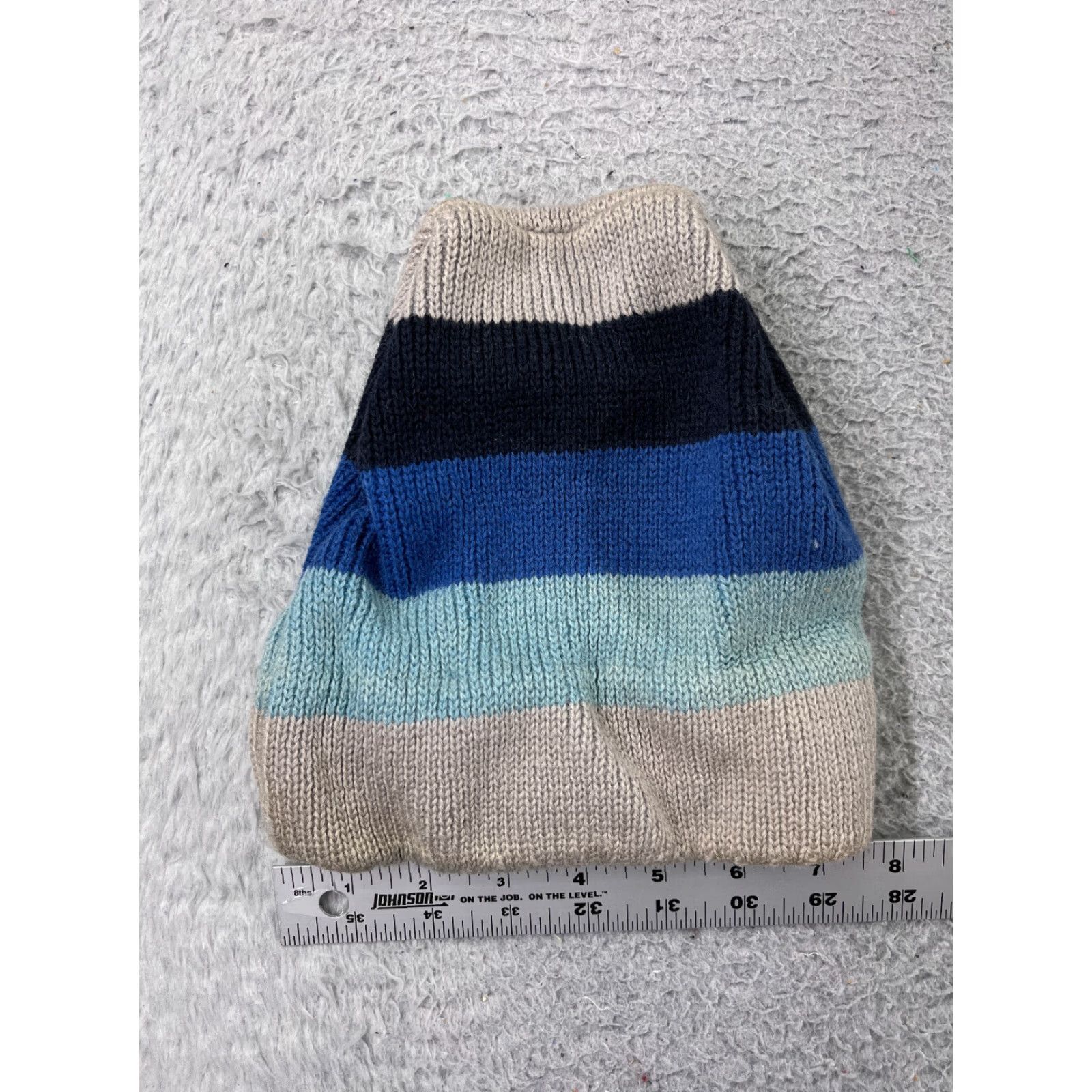 Vintage Smiley Beanie Adult One Size Blue Gray Black Wool Knit Striped Logo Ski Hats Unisex Adults Beanie Mens Womens Size ONE SIZE - 3 Thumbnail