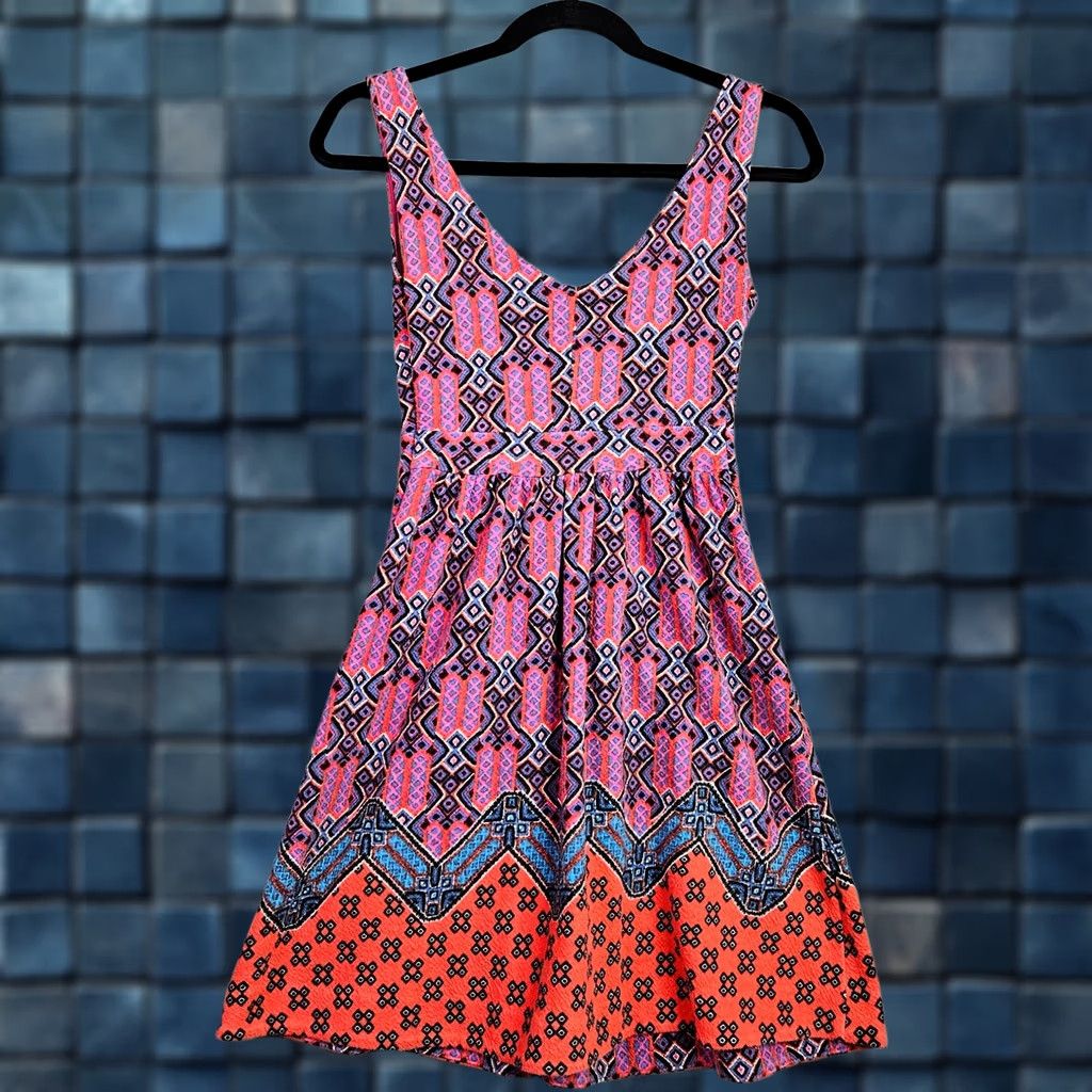 Anthropologie Maeve Anthropologie Womens 0P Sleeveless Fit Flare Dress Pink Blue Geometric Zip Dress Size XS / US 0-2 / IT 36-38 - 1 Thumbnail